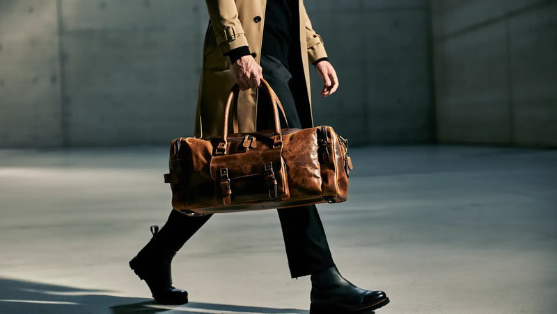 Man walking outdoors carrying a brown vintage leather duffel bag by Hestern