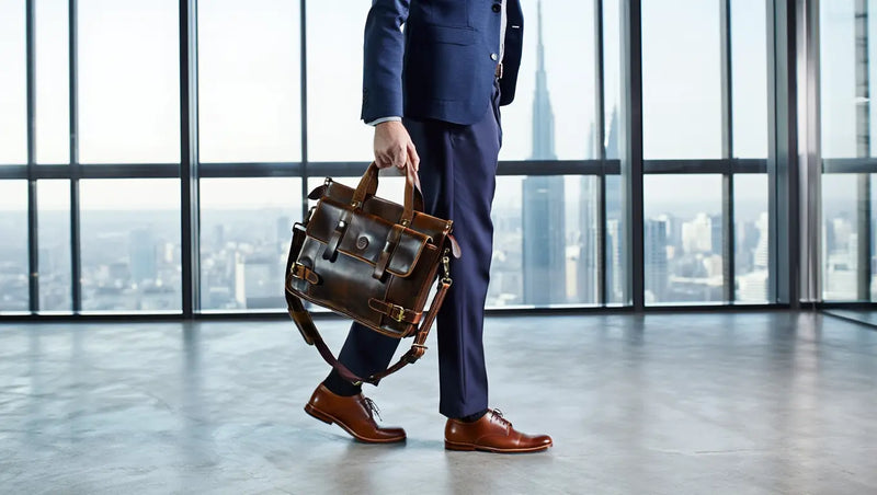 Man holding premium brown leather laptop bag in a high-rise office setting