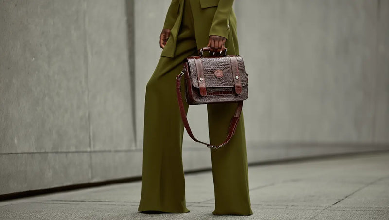 Women's croco-textured maroon leather shoulder bag showcased with olive green outfit
