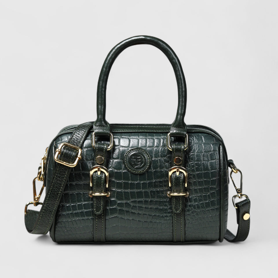 Emerald Luxe Croc Satchel - Dark Green