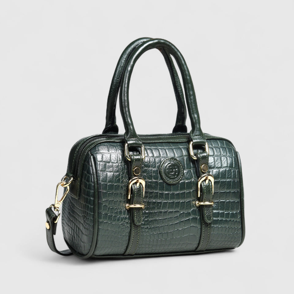 Emerald Luxe Croc Satchel - Dark Green