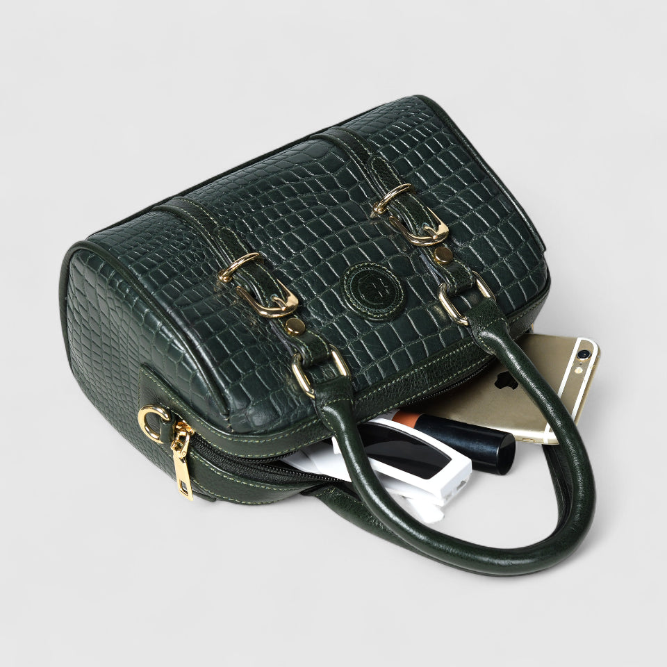 Emerald Luxe Croc Satchel - Dark Green