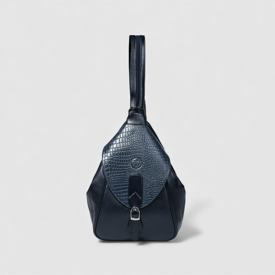 Croco Leather Shoulder Bag - Navy Blue