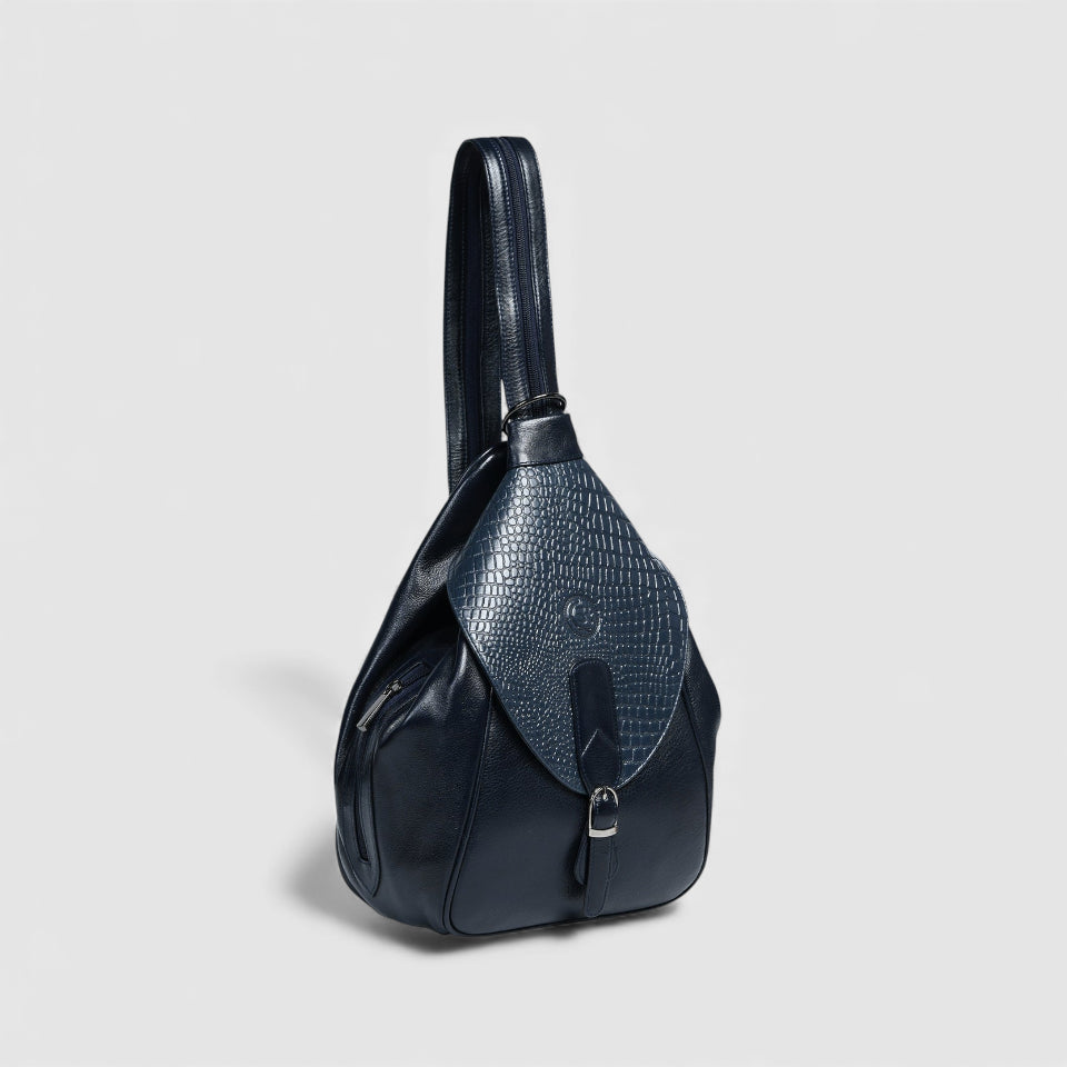 Croco Leather Shoulder Bag - Navy Blue