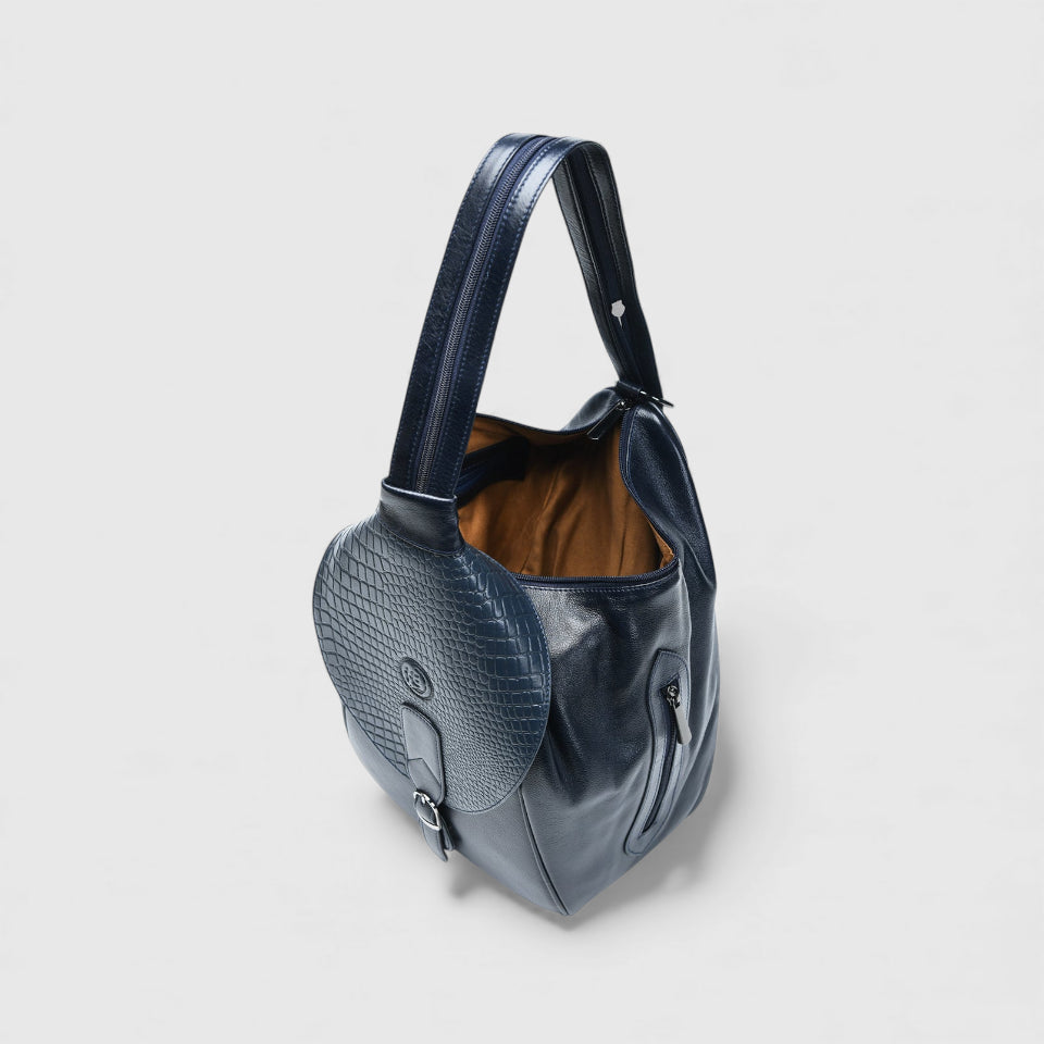 Croco Leather Shoulder Bag - Navy Blue