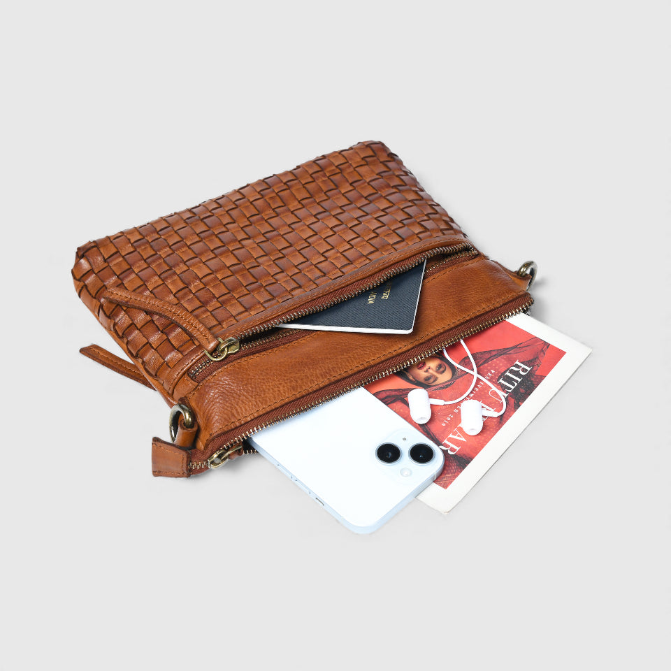 Woven Elegance Leather Handbag - Maroon Colour