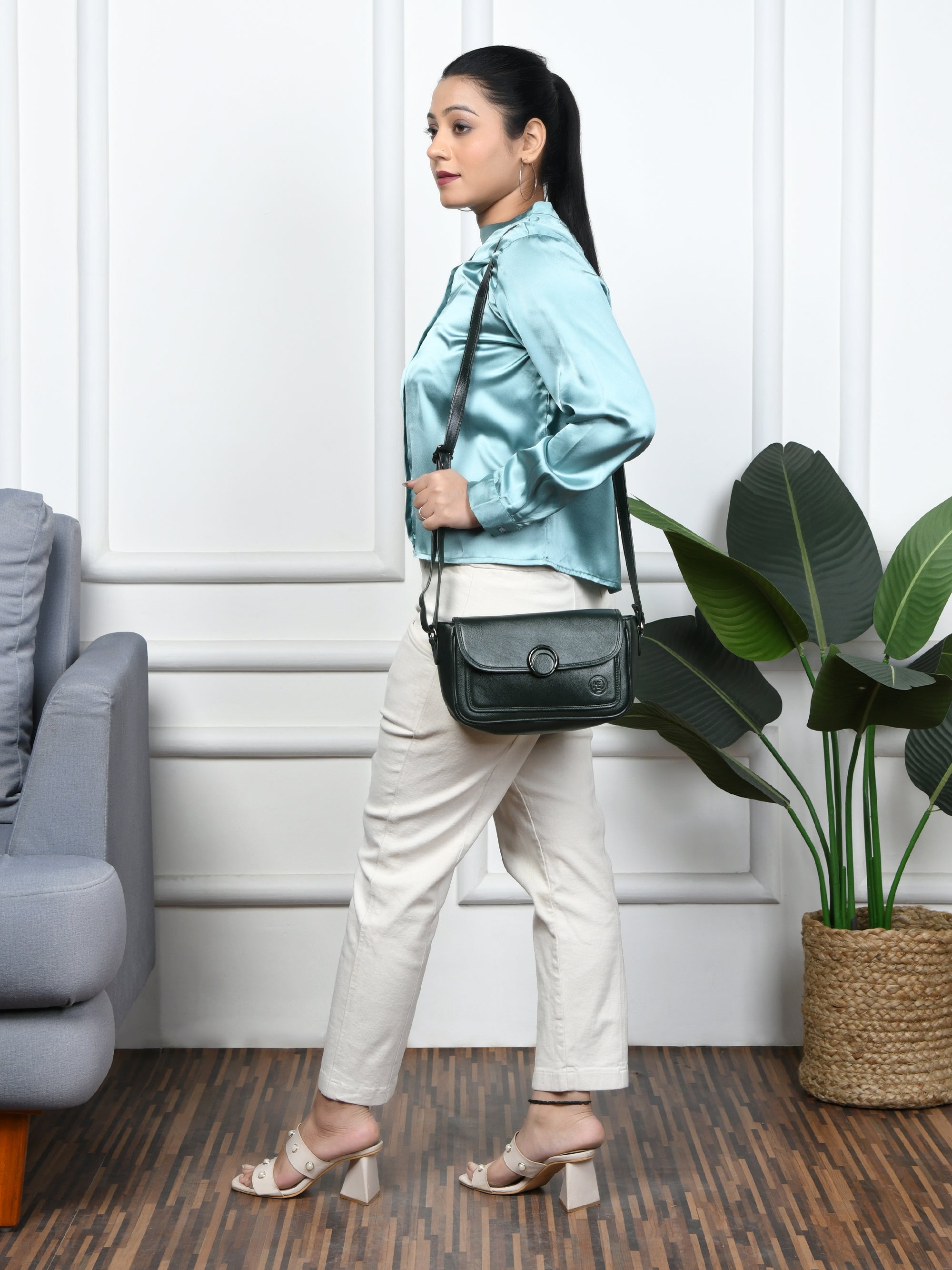 Verdant Elegance Women's Leather Handbag - Black Colour