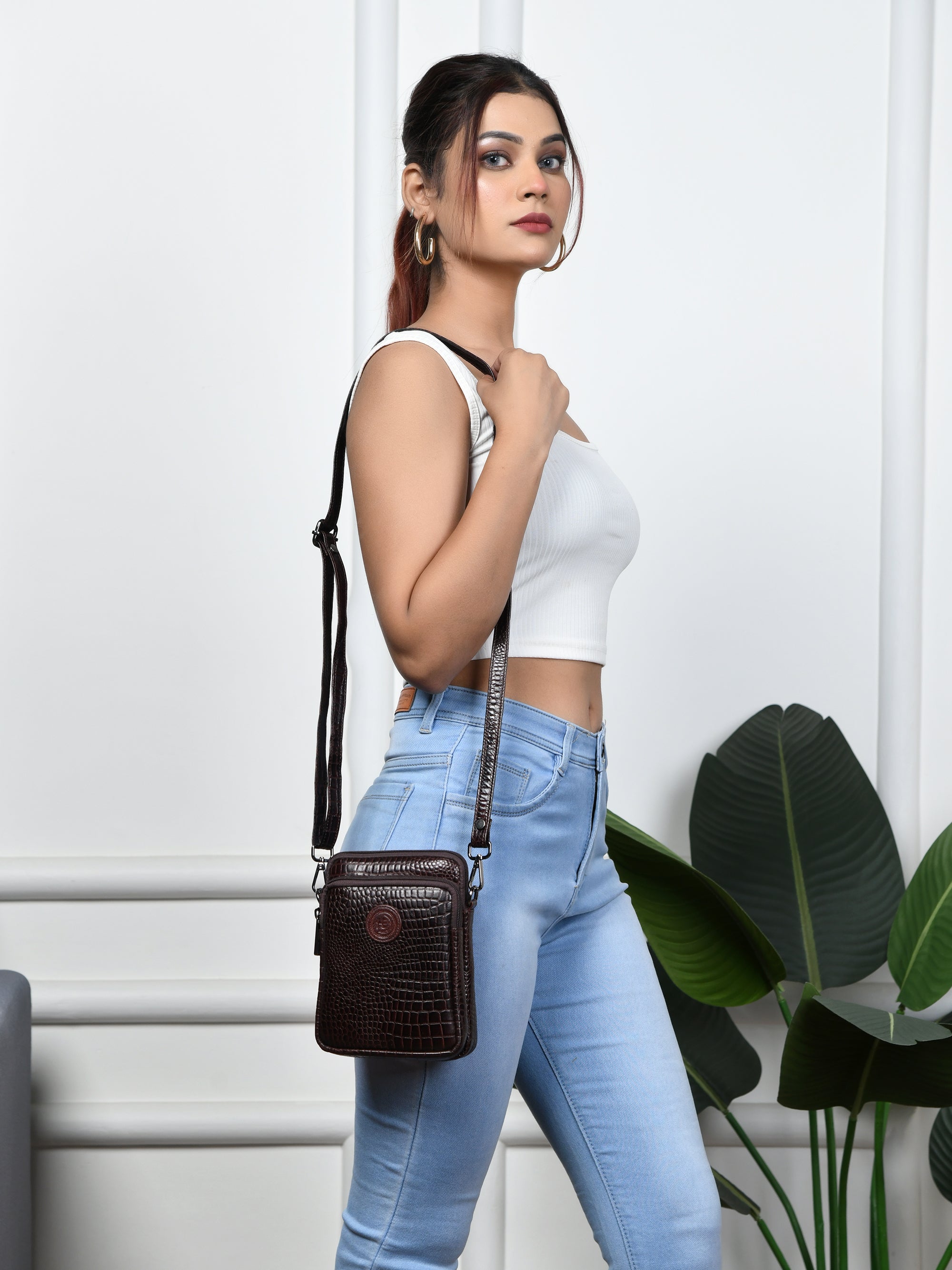 Croc Luxe Leather Sling Bag - Maroon Colour