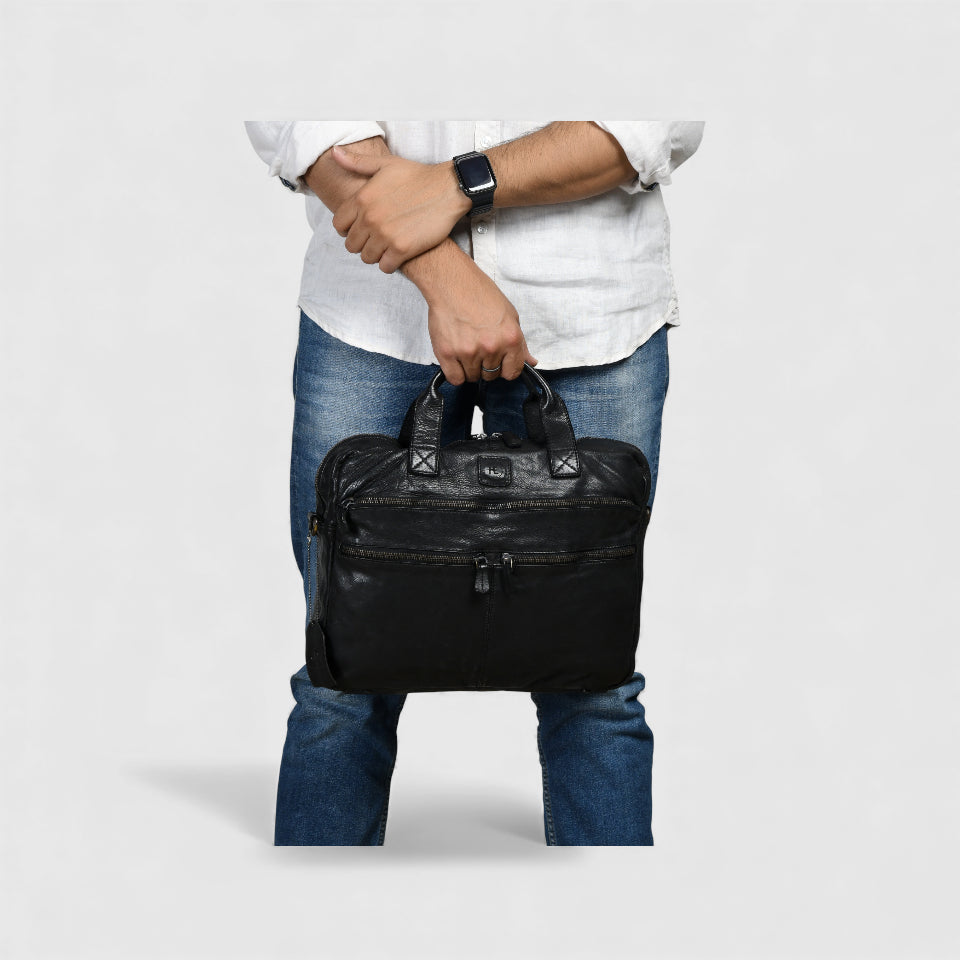 Voyager Vintage Leather Laptop Bag - Black Colour