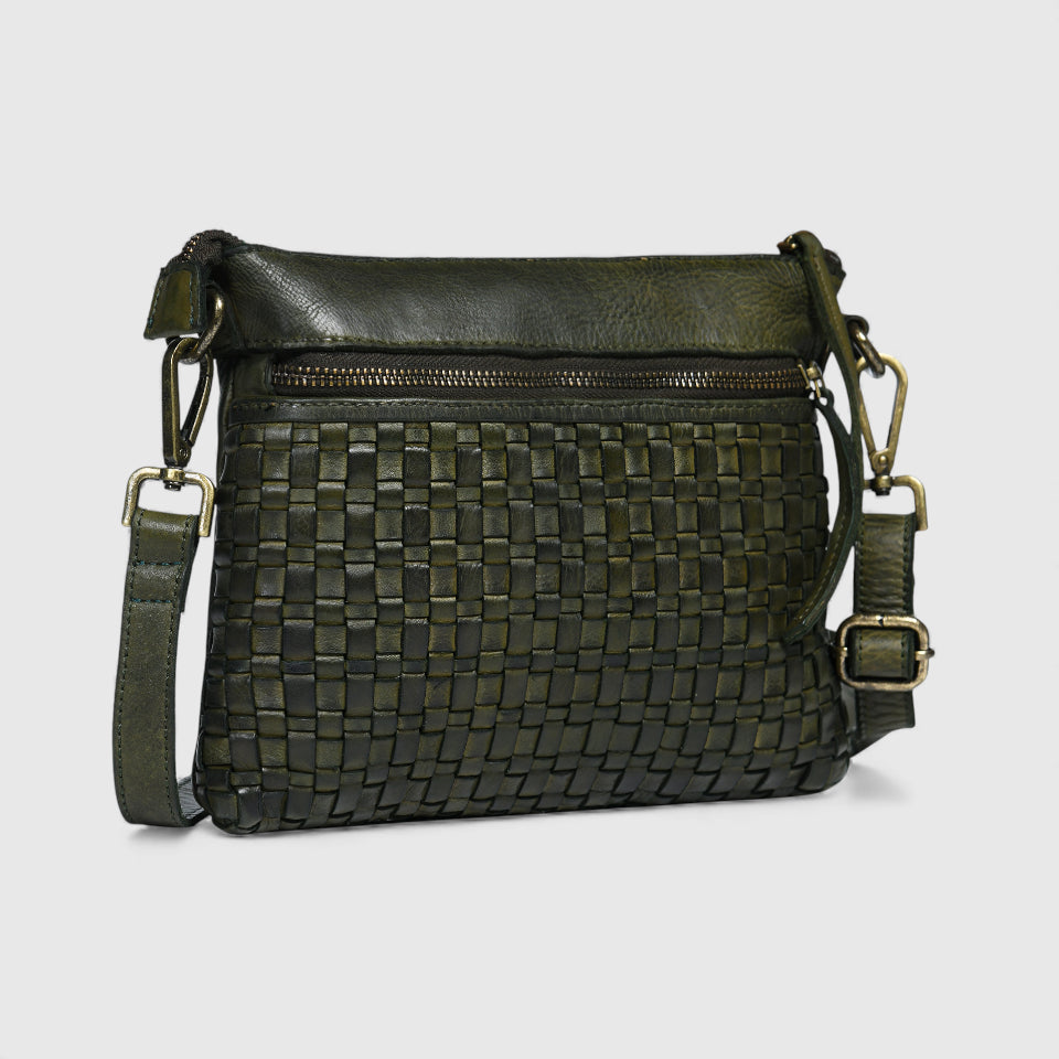 Woven Elegance Leather Handbag - Olive Colour