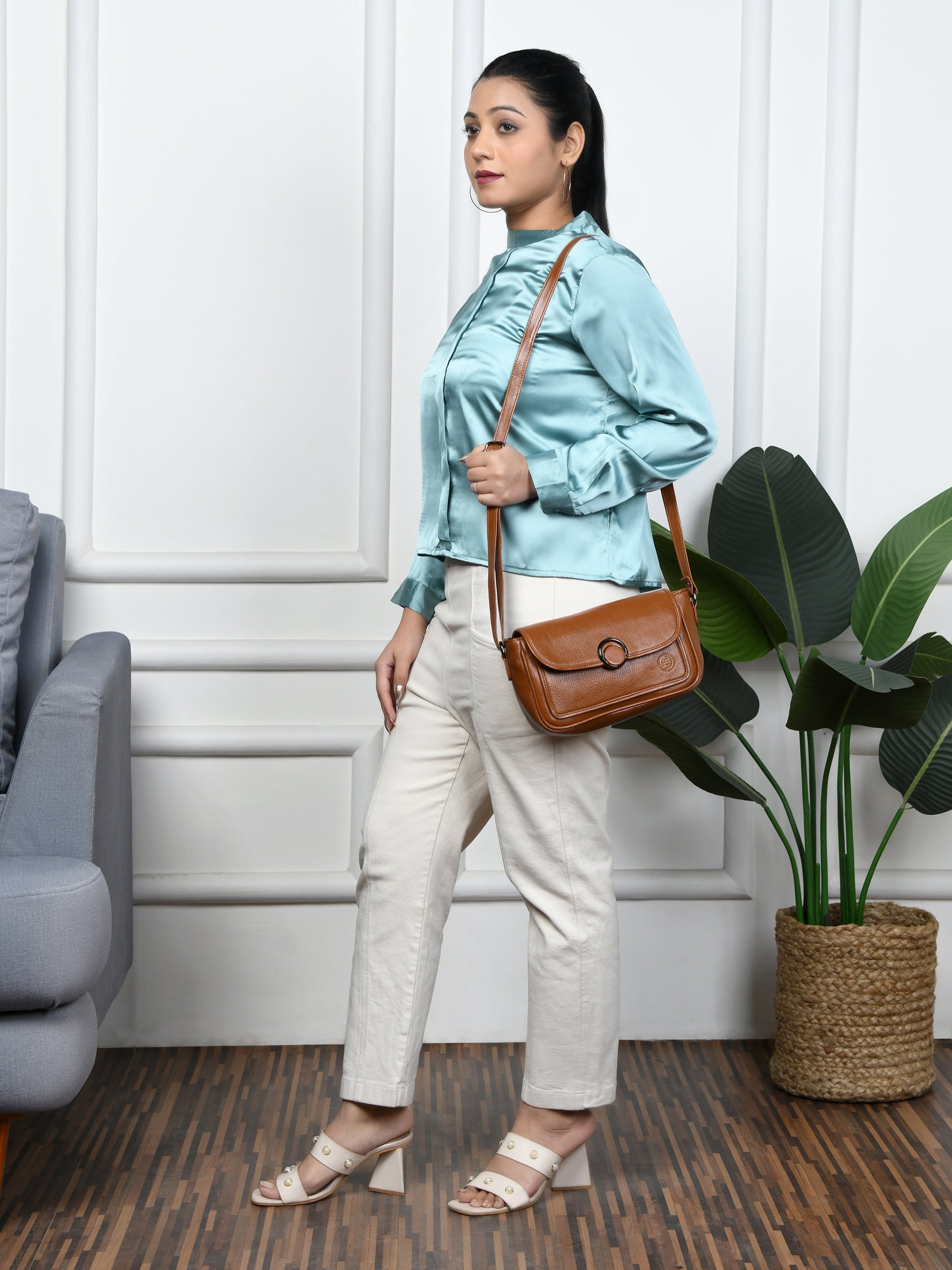 Verdant Elegance Women's Leather Handbag - Maroon Colour