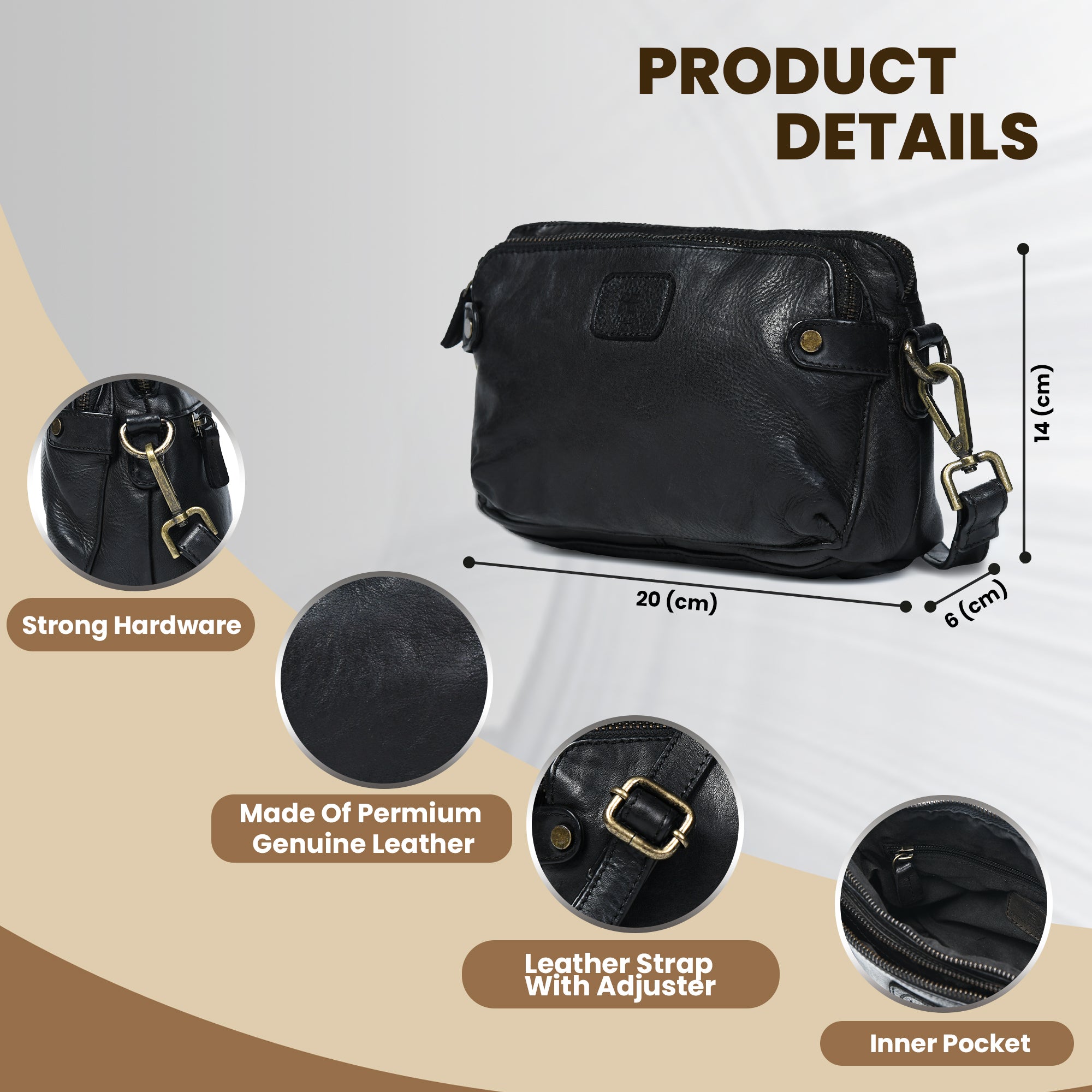 Classic Cognac Leather Women's Handbag - Black Colour