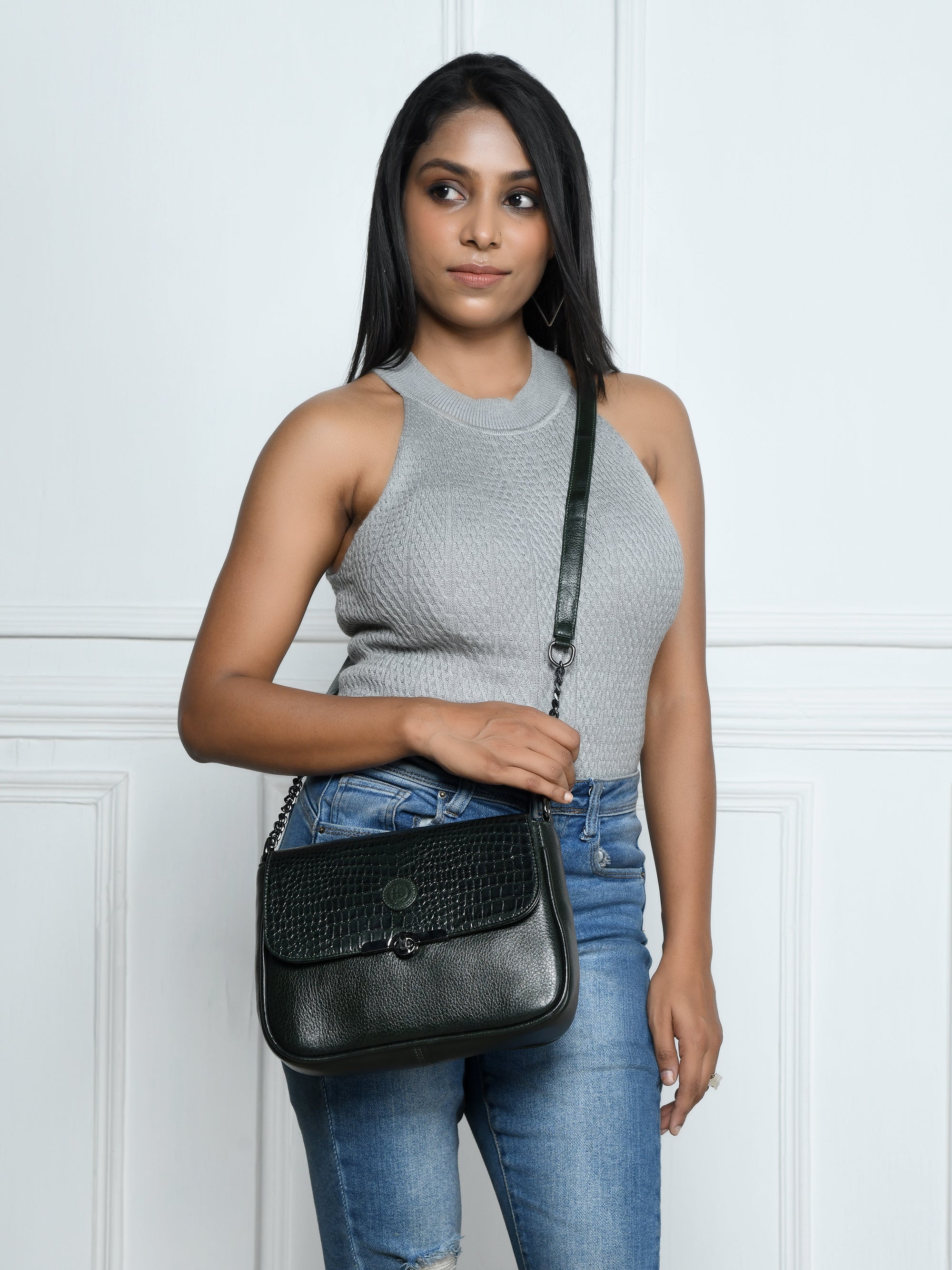 Regal Noir Croc Handbag - Black Colour