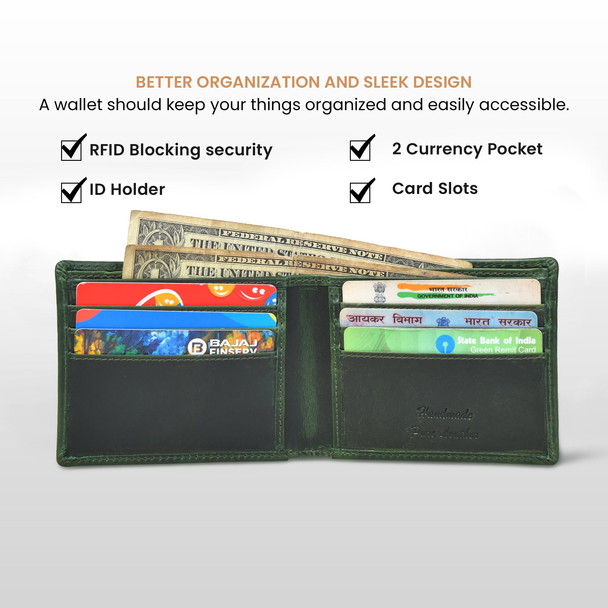 Timeless Green Leather Wallet | Handcrafted RFID-Blocking Bifold - Green Colour