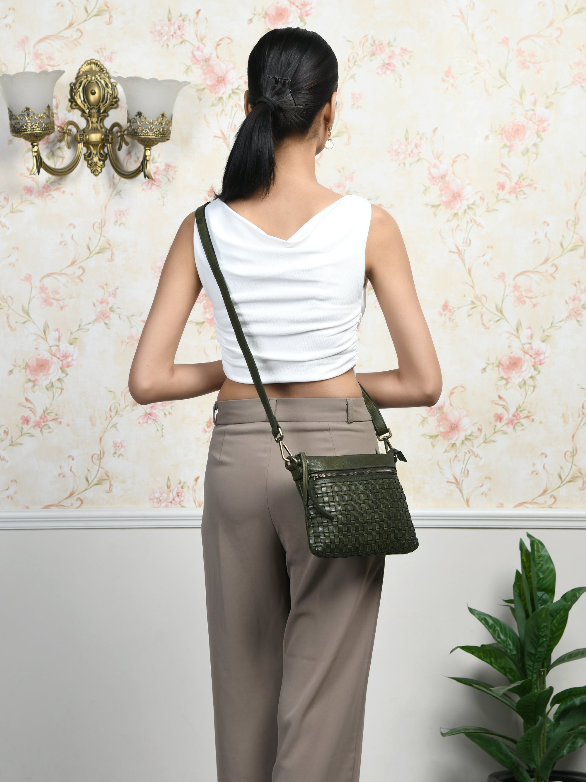 Woven Elegance Leather Handbag - Olive Colour