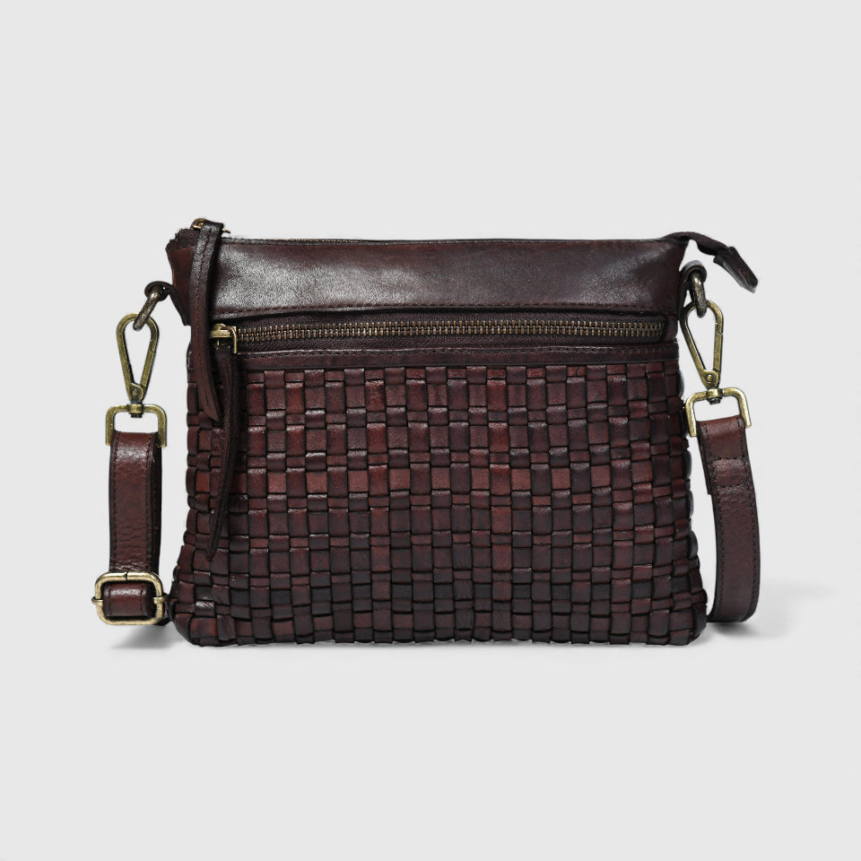 Woven Elegance Leather Handbag - Brown Colour