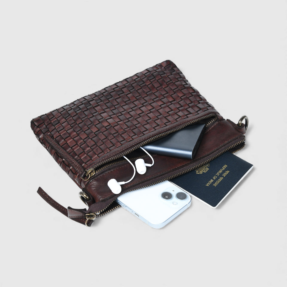 Woven Elegance Leather Handbag - Brown Colour