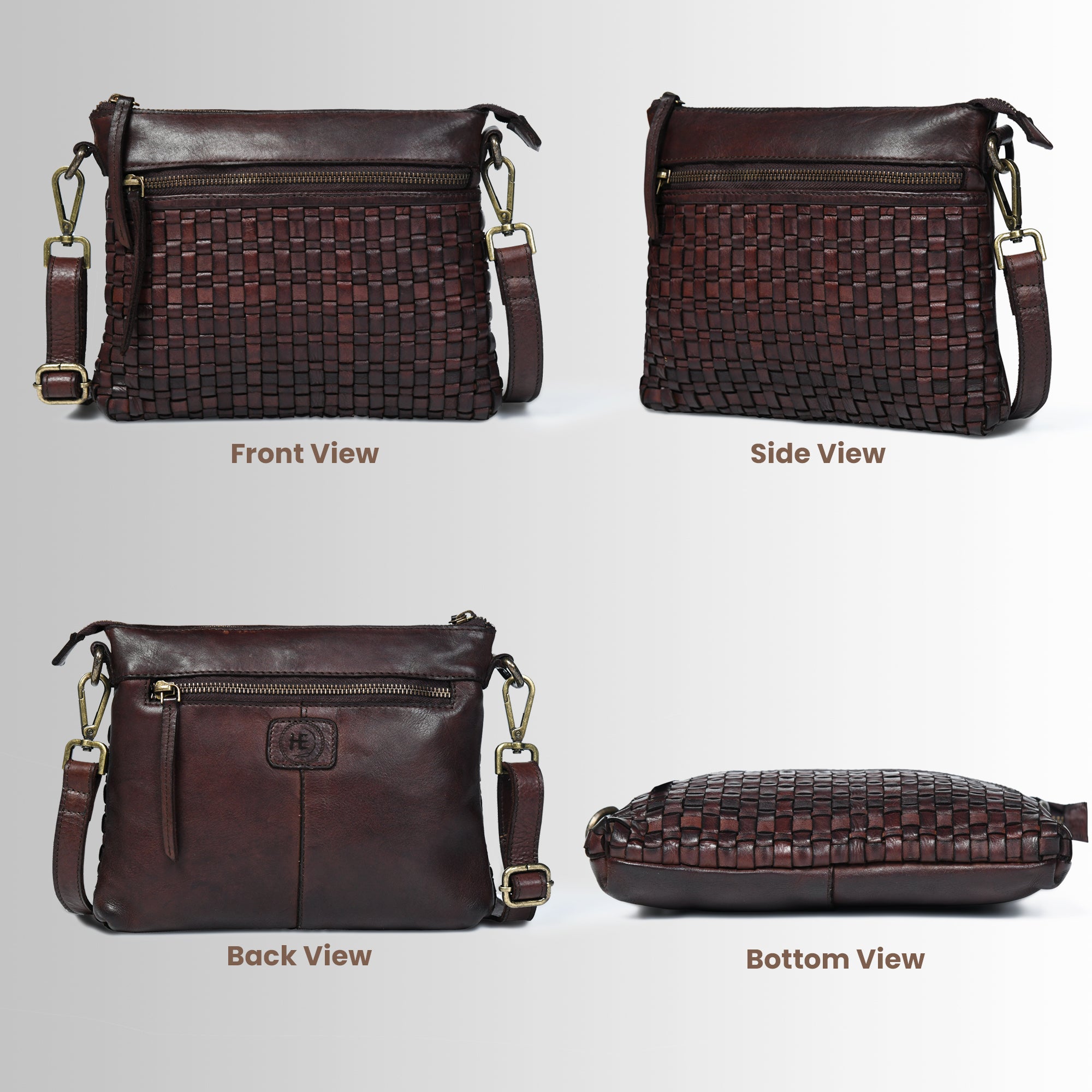 Woven Elegance Leather Handbag - Brown Colour