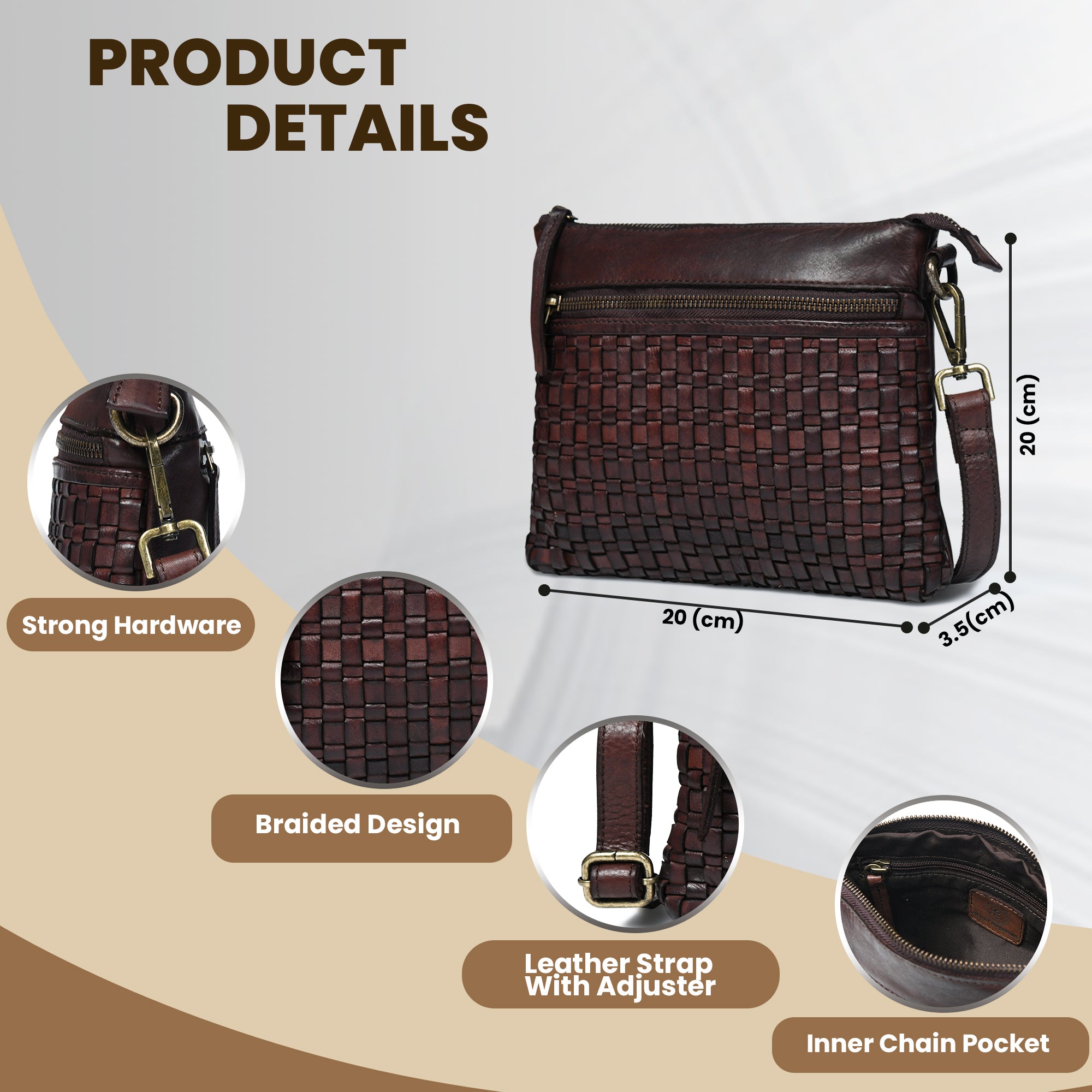 Woven Elegance Leather Handbag - Brown Colour