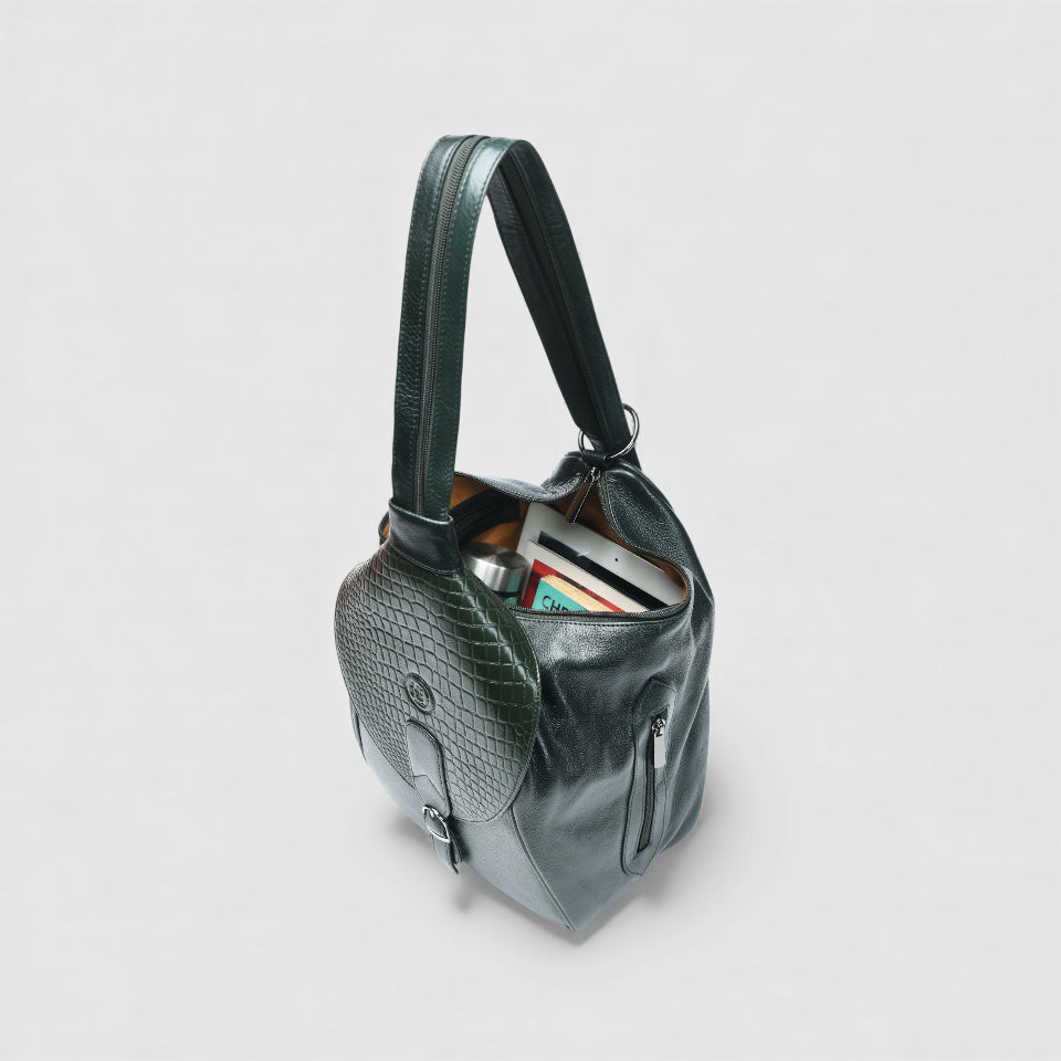 Croco Leather Shoulder Bag - Green Colour