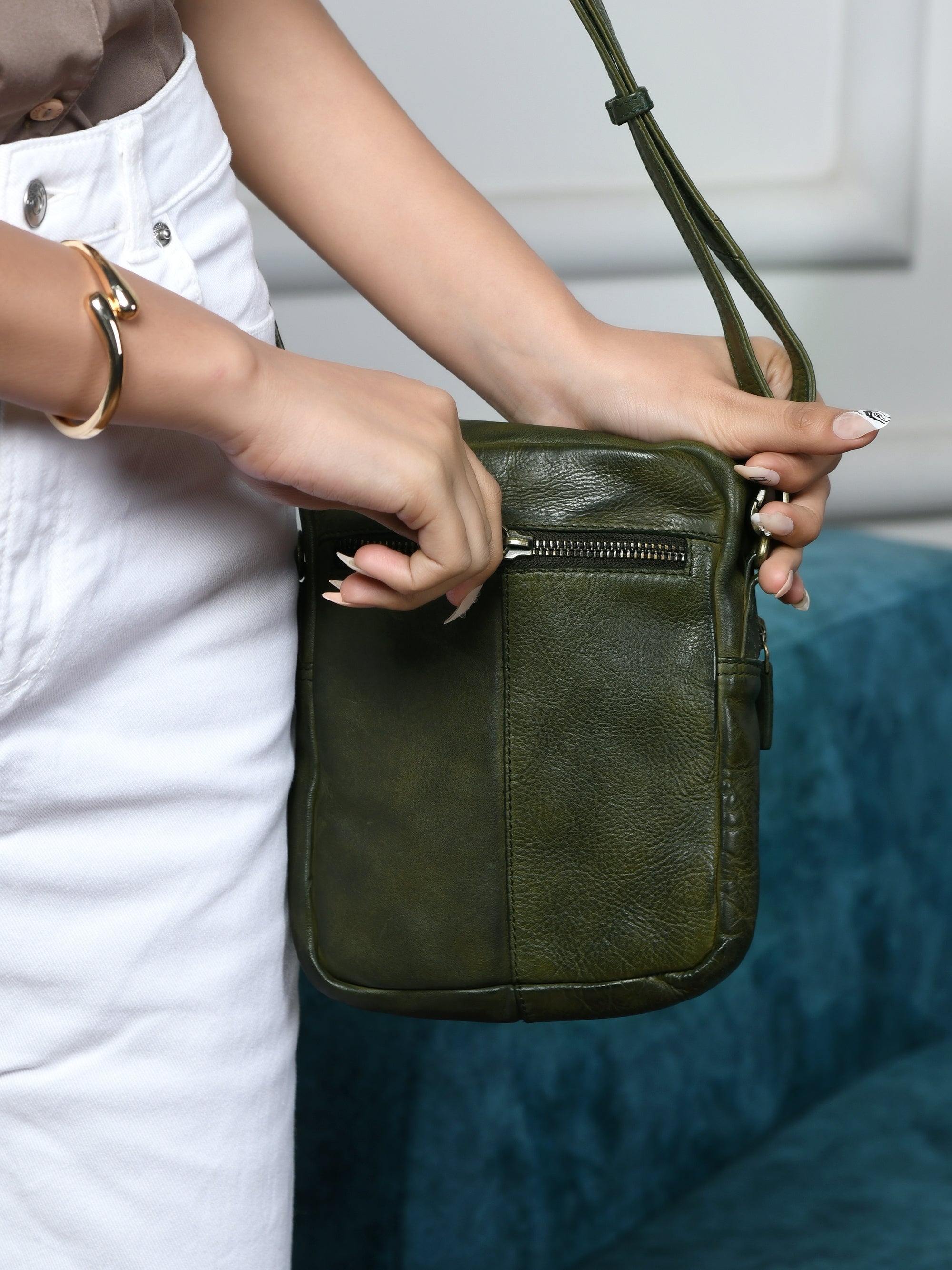OxBlood Trail Leather Sling Bag - Olive Colour