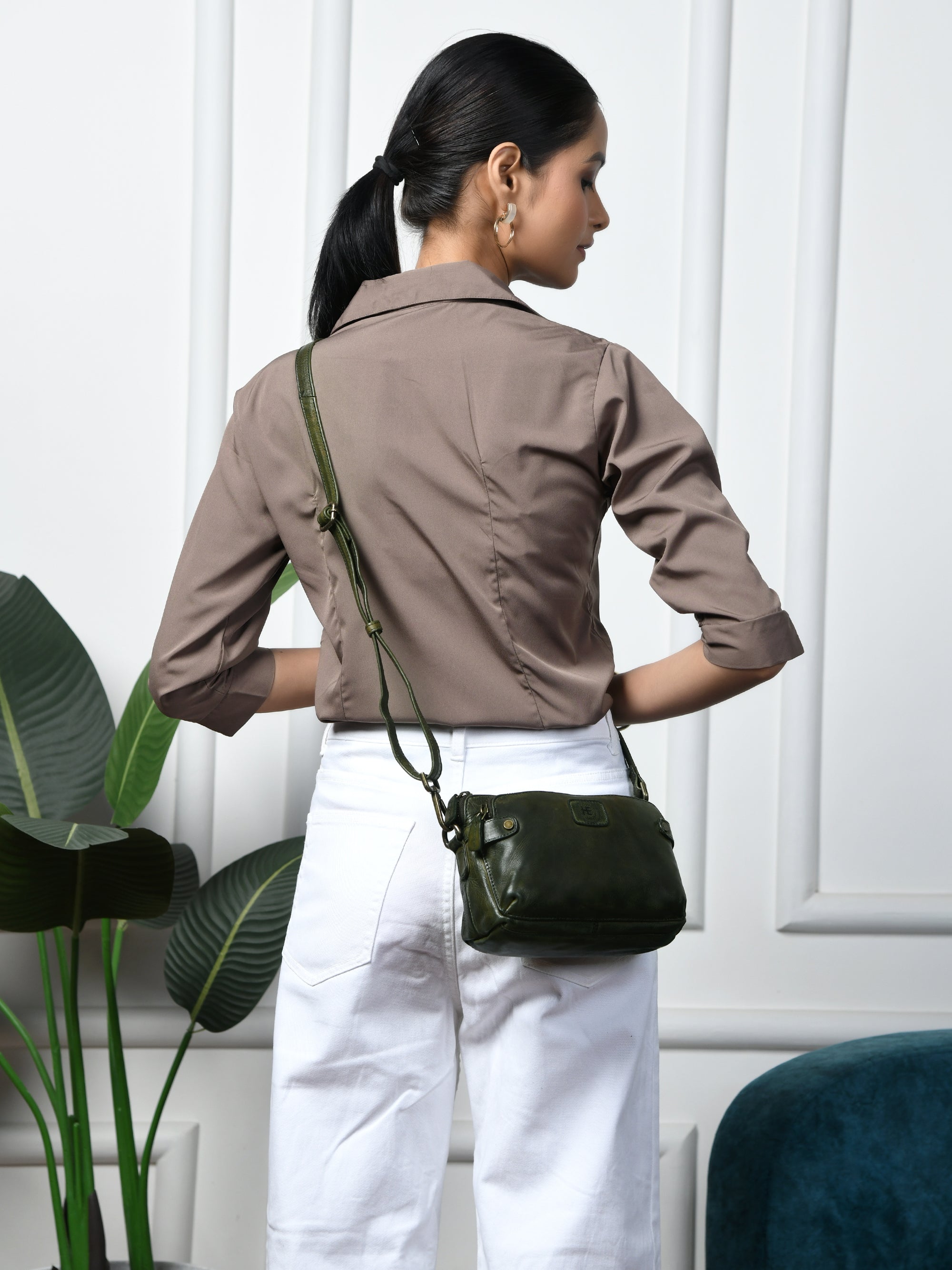 Classic Cognac Leather Women's Handbag - Olive Colour