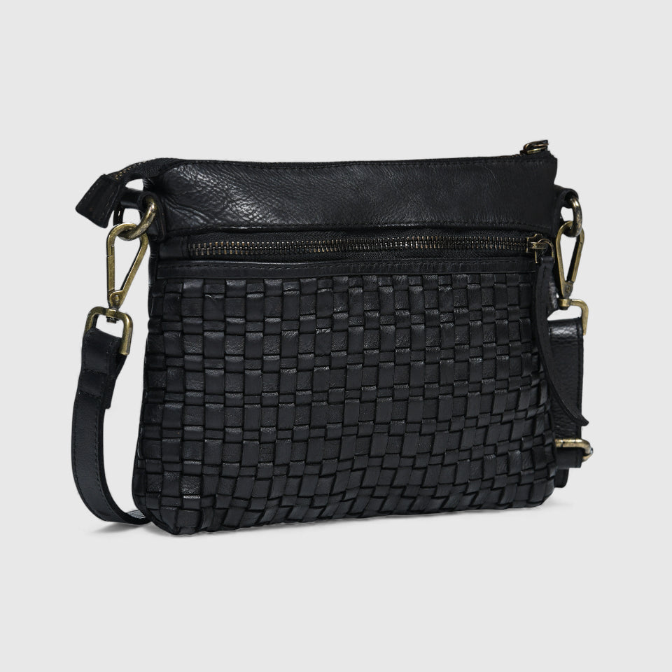 Woven Elegance Leather Handbag - Black Colour