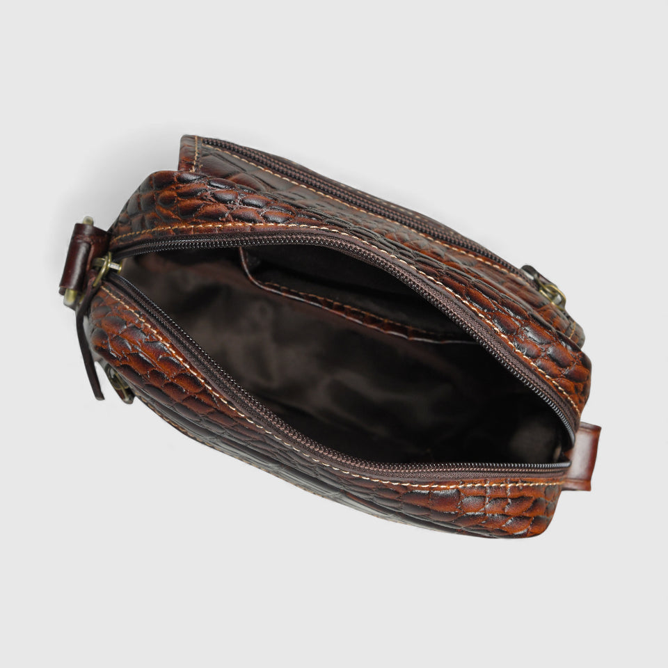 Croc-Embossed Vintage Leather Sling Bag