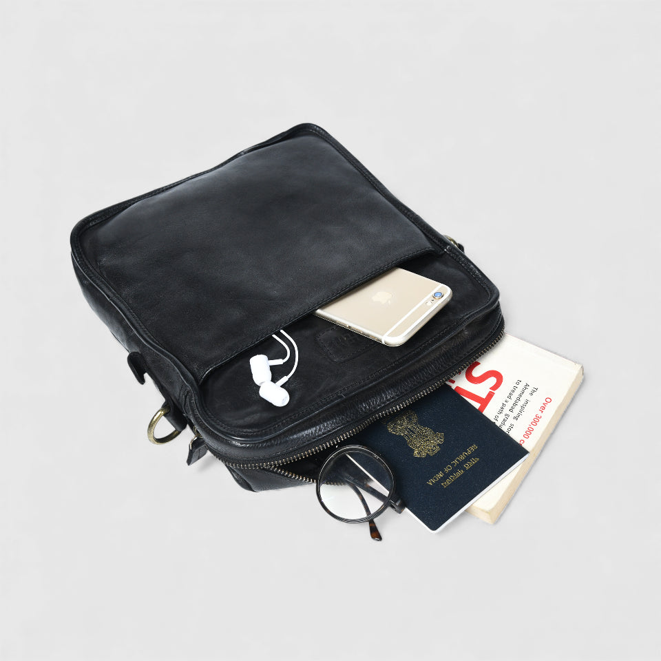 Verdant Trail Leather Sling Bag – Black Colour