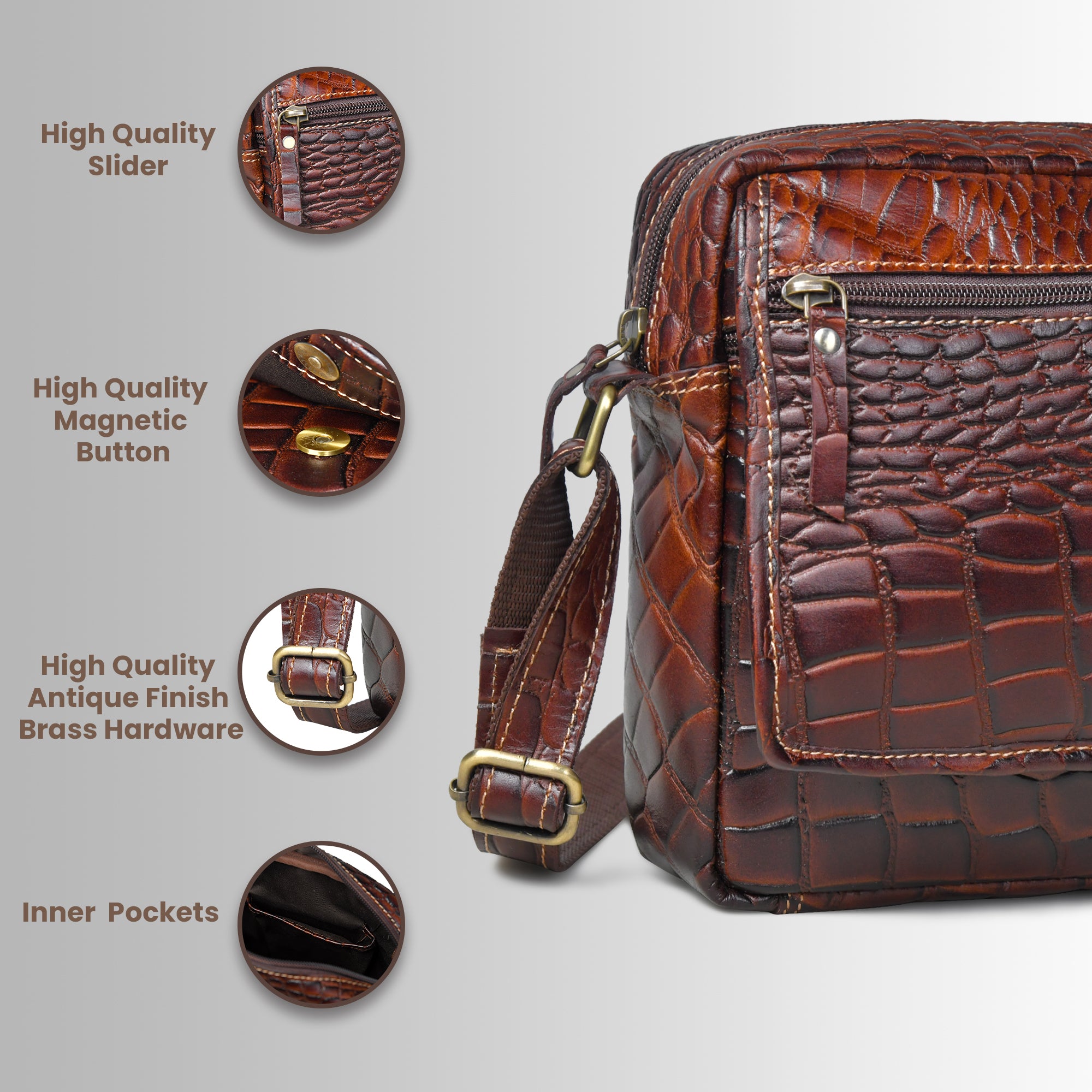 Croc-Embossed Vintage Leather Sling Bag