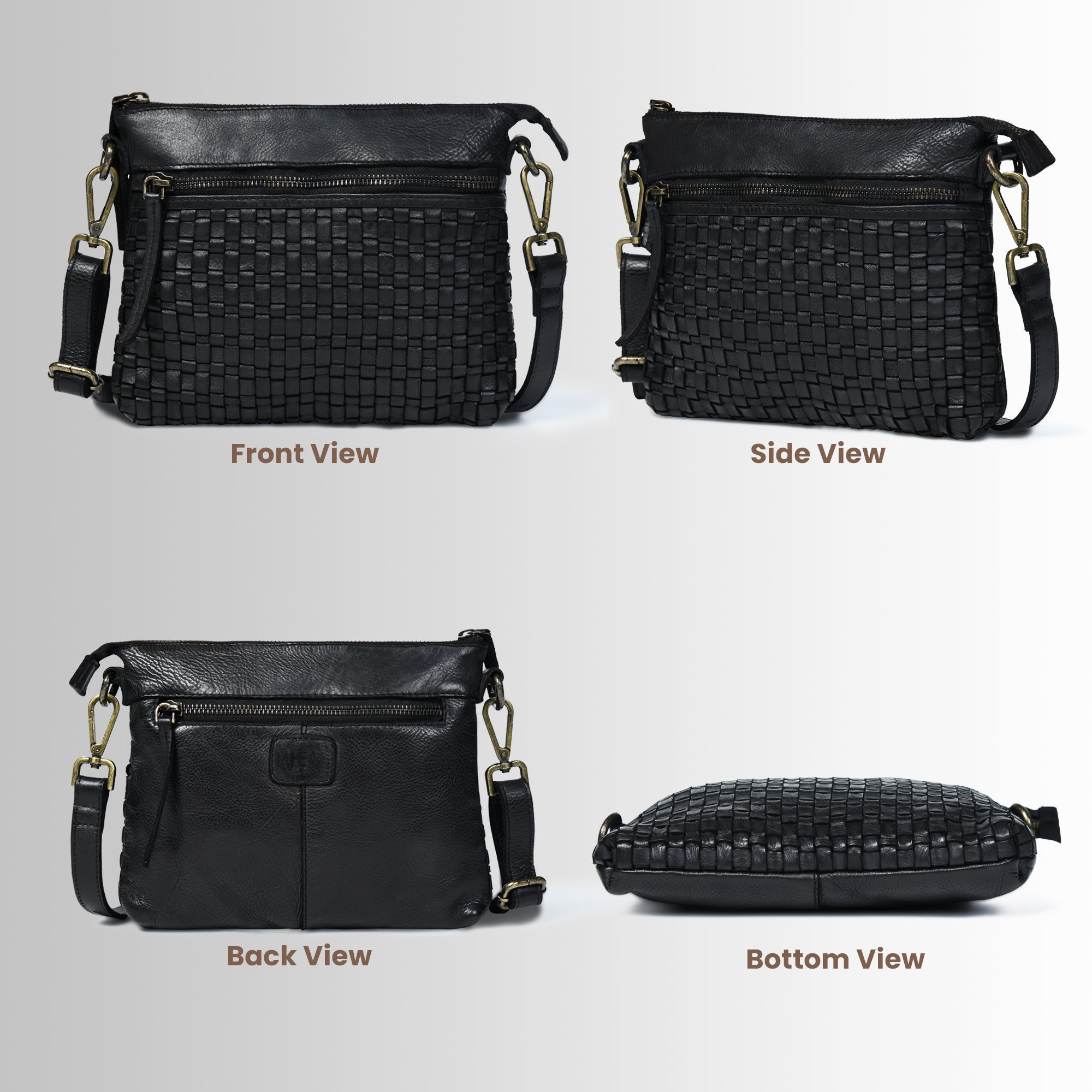 Woven Elegance Leather Handbag - Black Colour