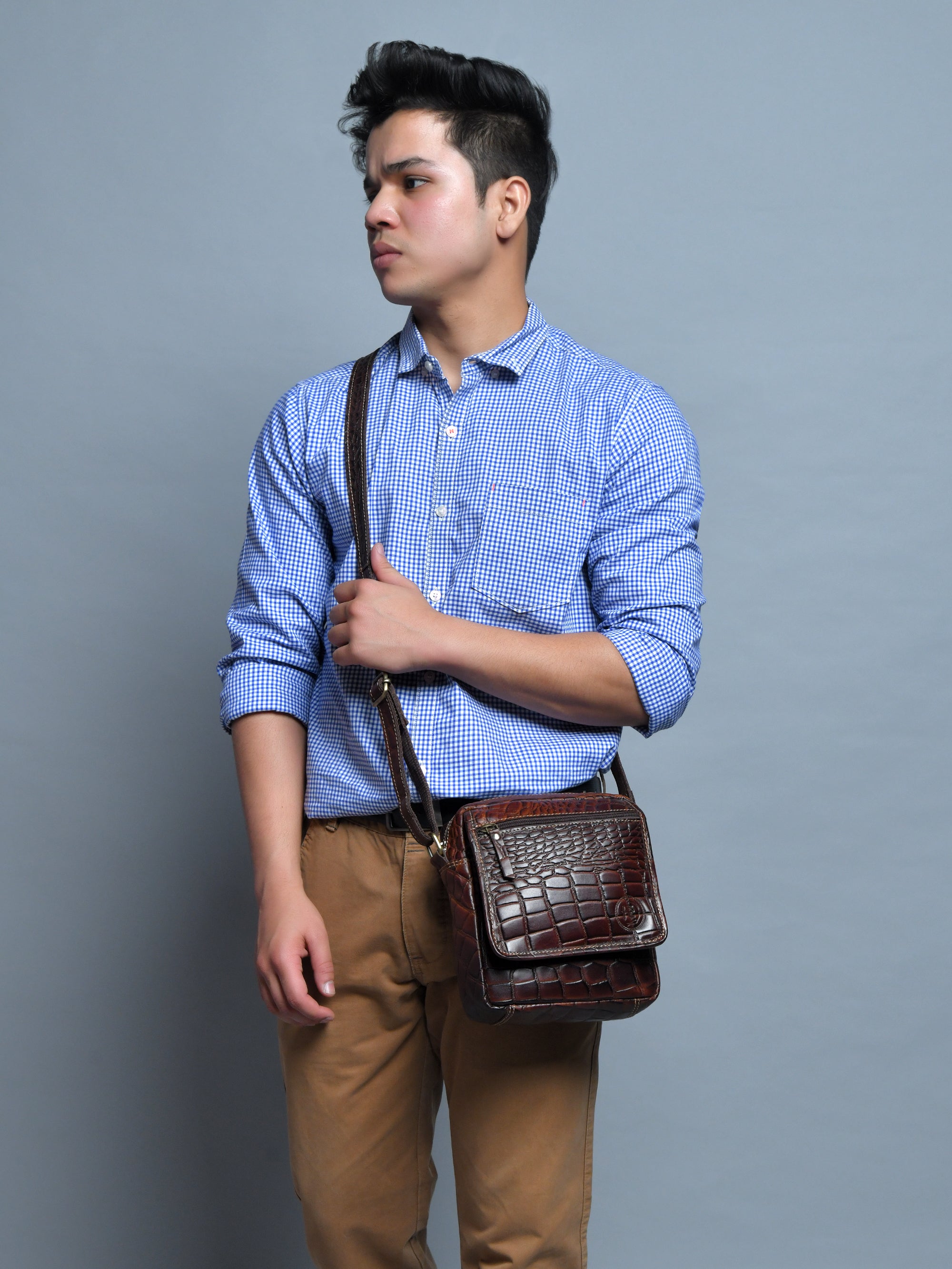 Croc-Embossed Vintage Leather Sling Bag