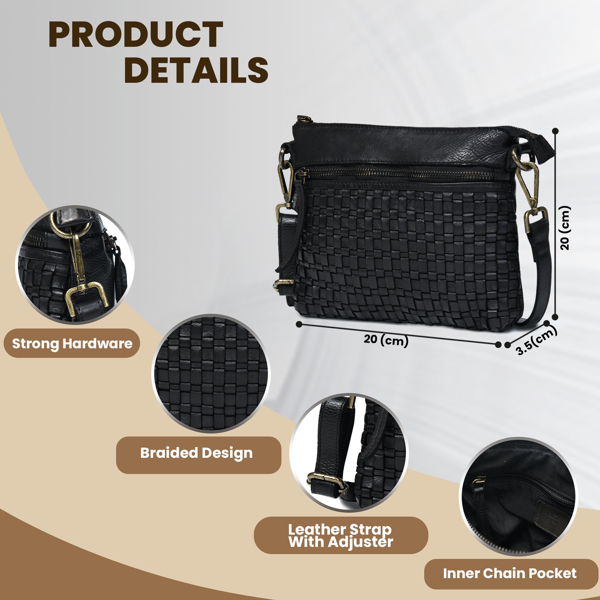 Woven Elegance Leather Handbag - Black Colour
