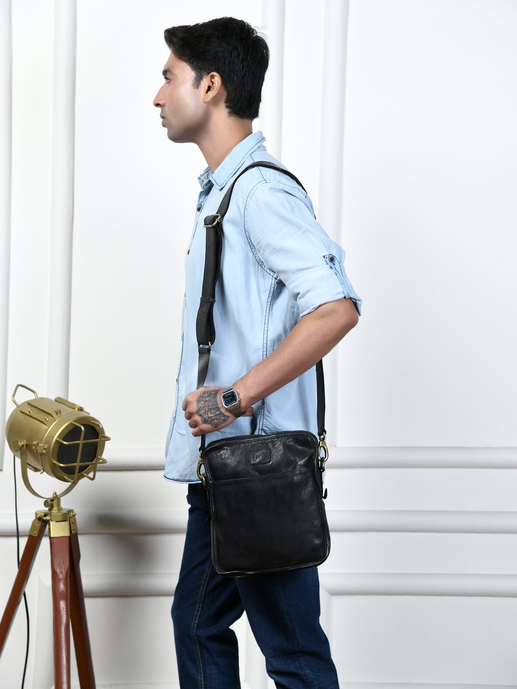 Verdant Trail Leather Sling Bag – Black Colour