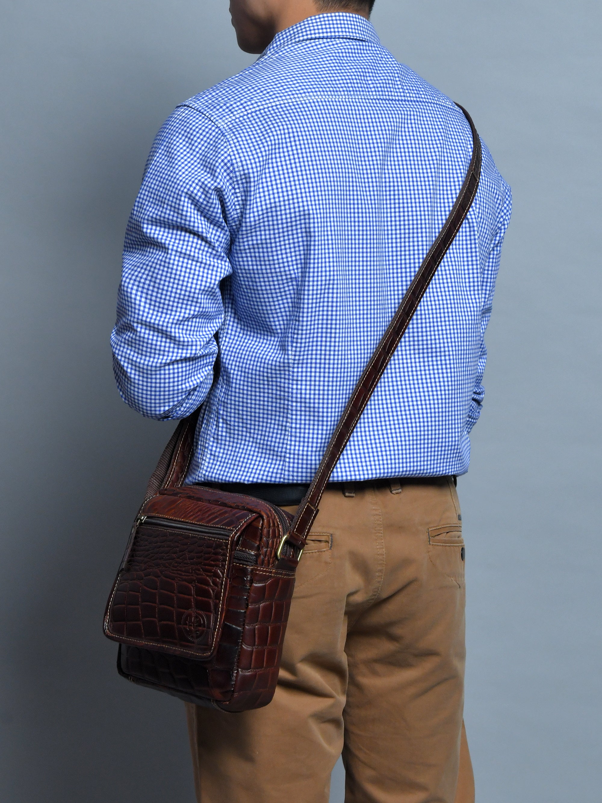 Croc-Embossed Vintage Leather Sling Bag