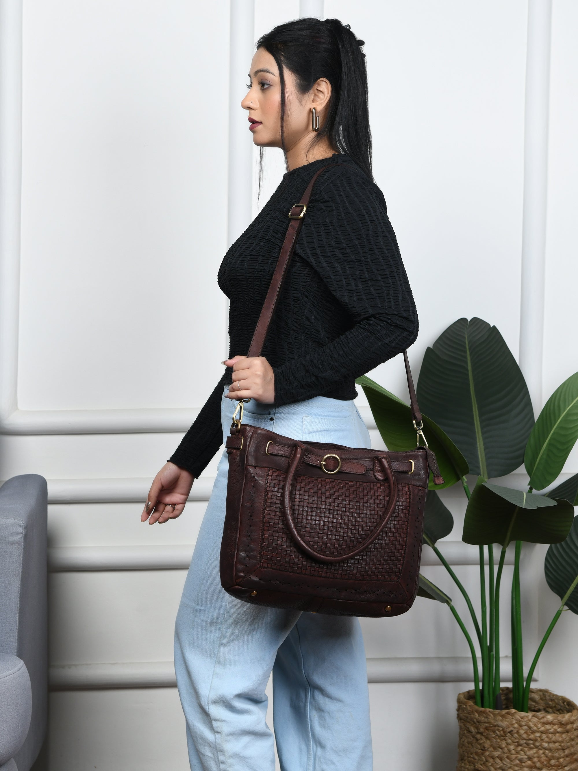 Vintage Woven Espresso Leather Women's Handbag - Brown Colour