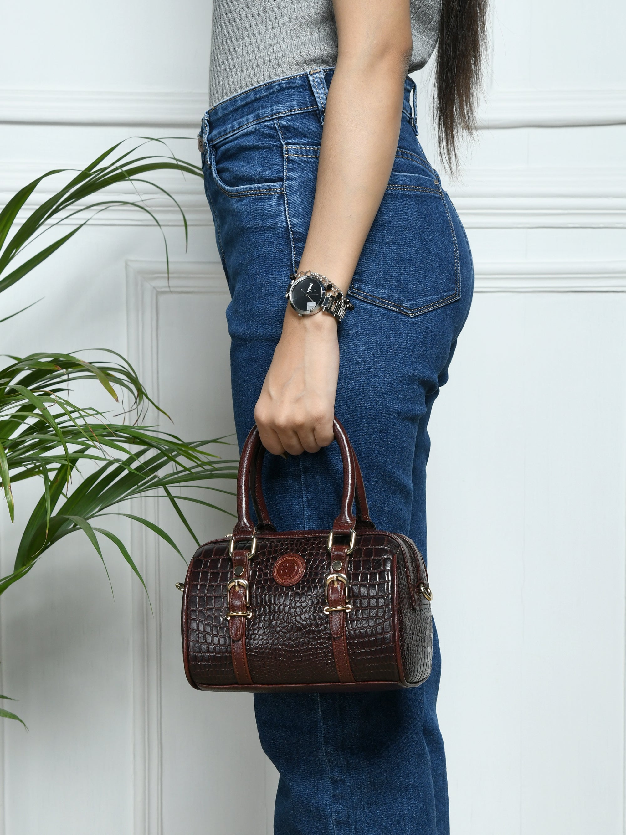Emerald Luxe Croc Satchel - Maroon Colour