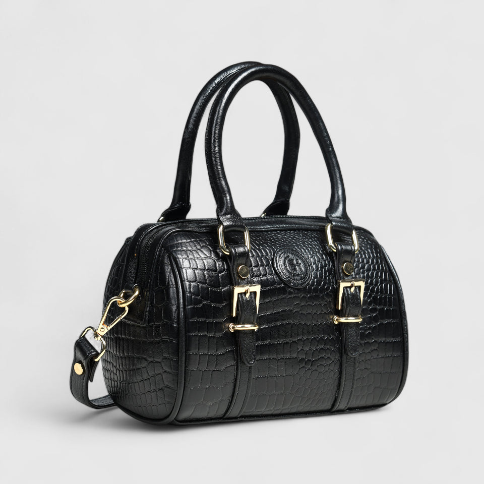 Emerald Luxe Croc Satchel Bag - Black Colour