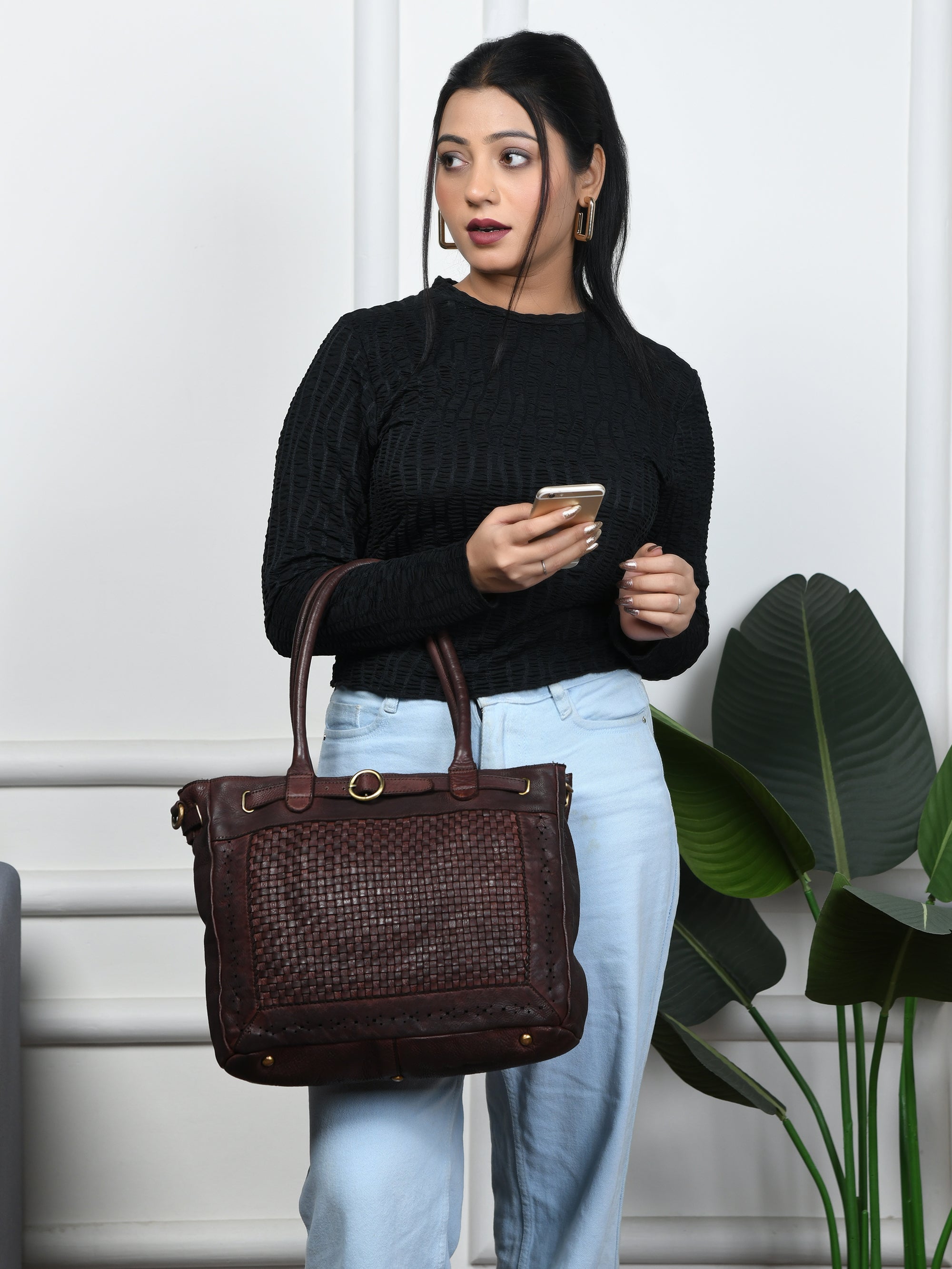 Vintage Woven Espresso Leather Women's Handbag - Brown Colour