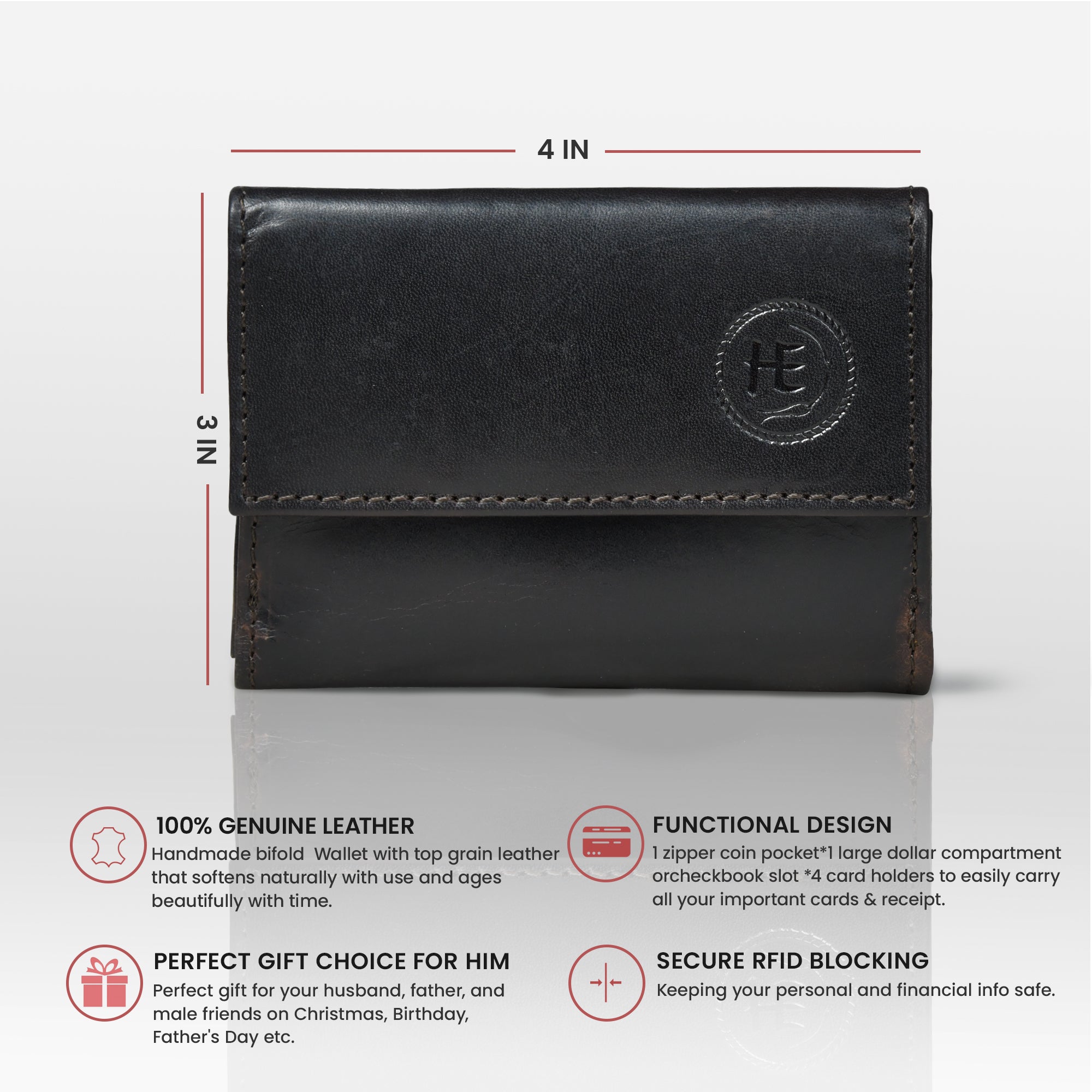 Heritage Buffalo Leather Bifold Wallet - Black Colour