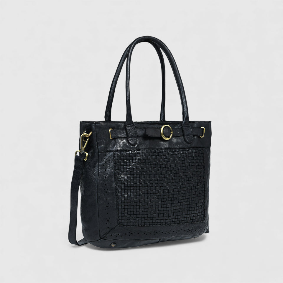 Vintage Woven Espresso Leather Women's Handbag - Black Colour