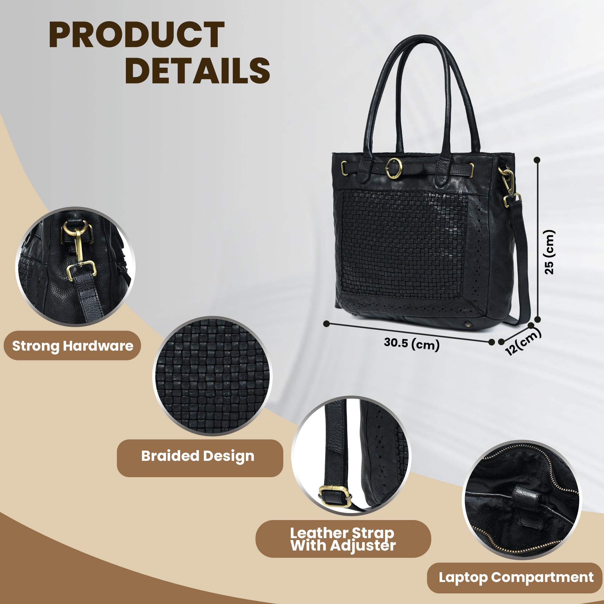 Vintage Woven Espresso Leather Women's Handbag - Black Colour