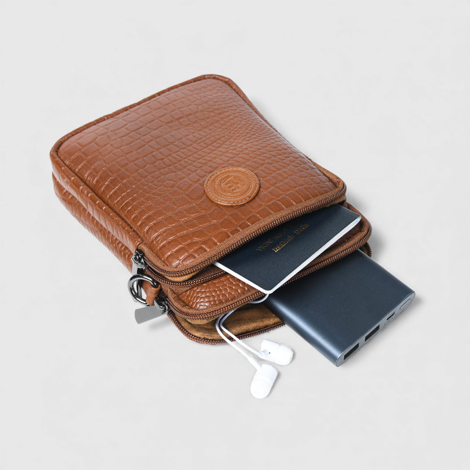 Croc Luxe Leather Sling Bag – Brown Colour