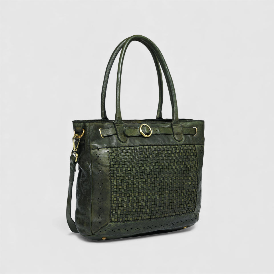 Vintage Woven Espresso Leather Women's Handbag - Olive Colour