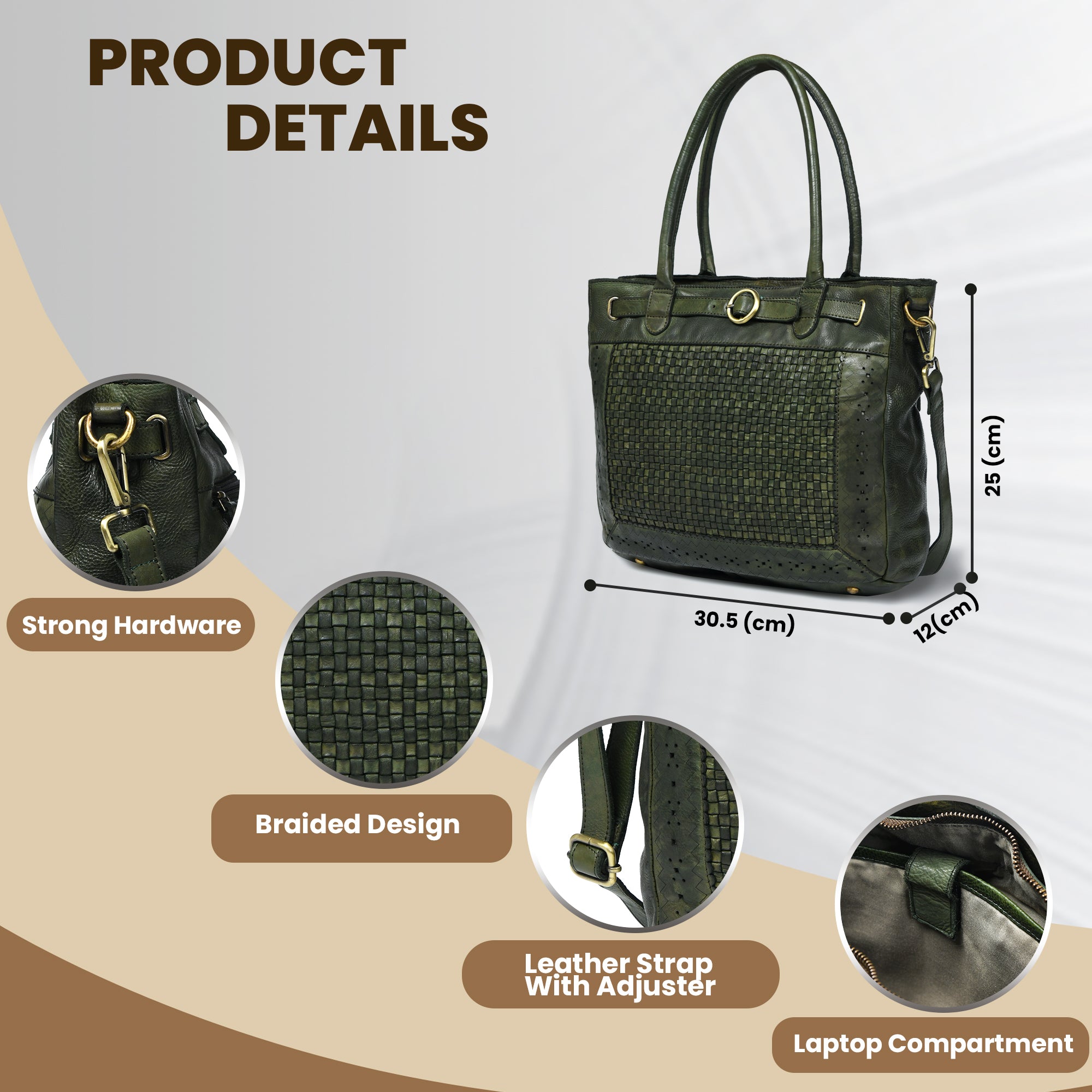 Vintage Woven Espresso Leather Women's Handbag - Olive Colour