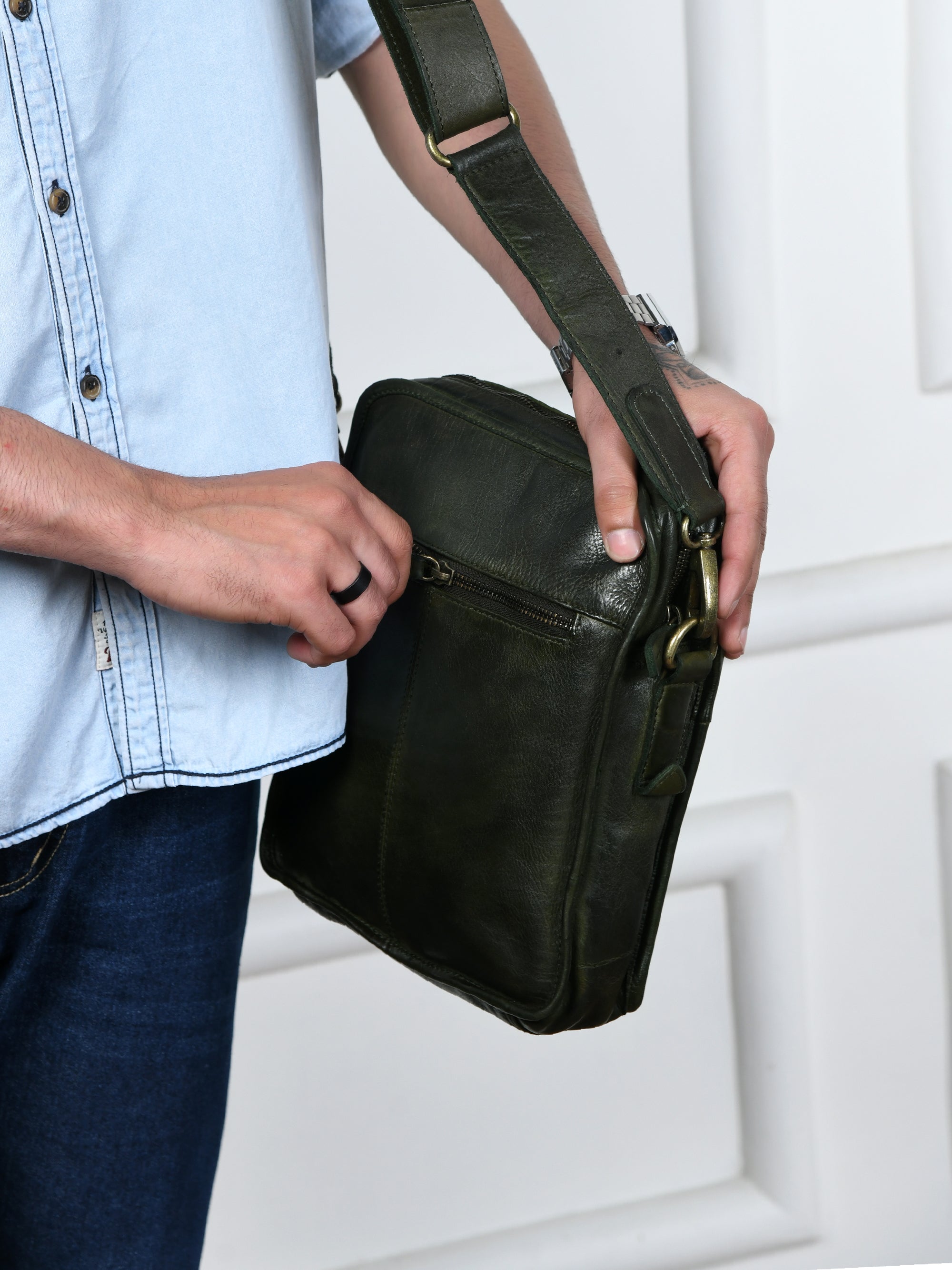 Verdant Trail Leather Sling Bag – Olive Colour