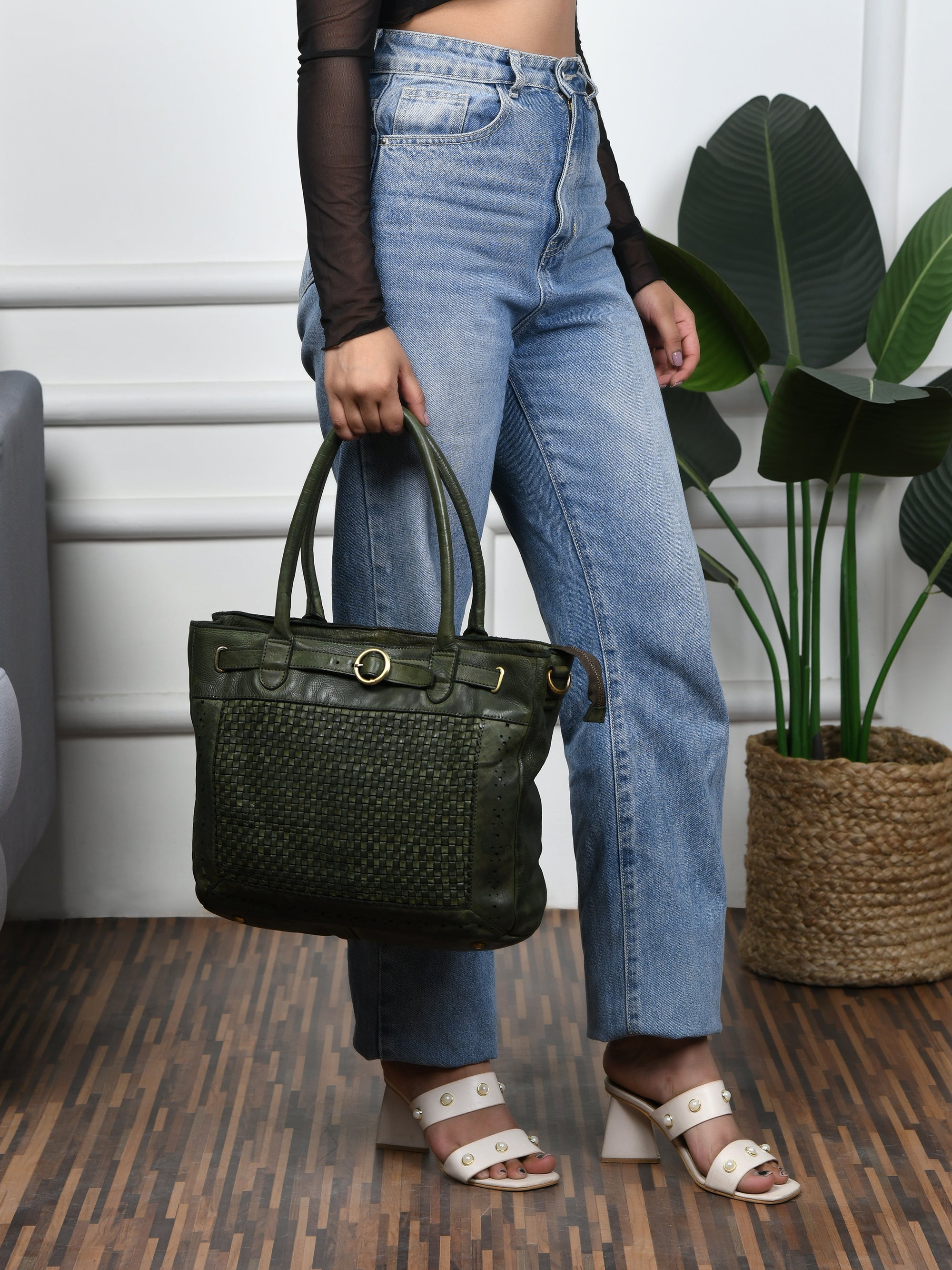 Vintage Woven Espresso Leather Women's Handbag - Olive Colour