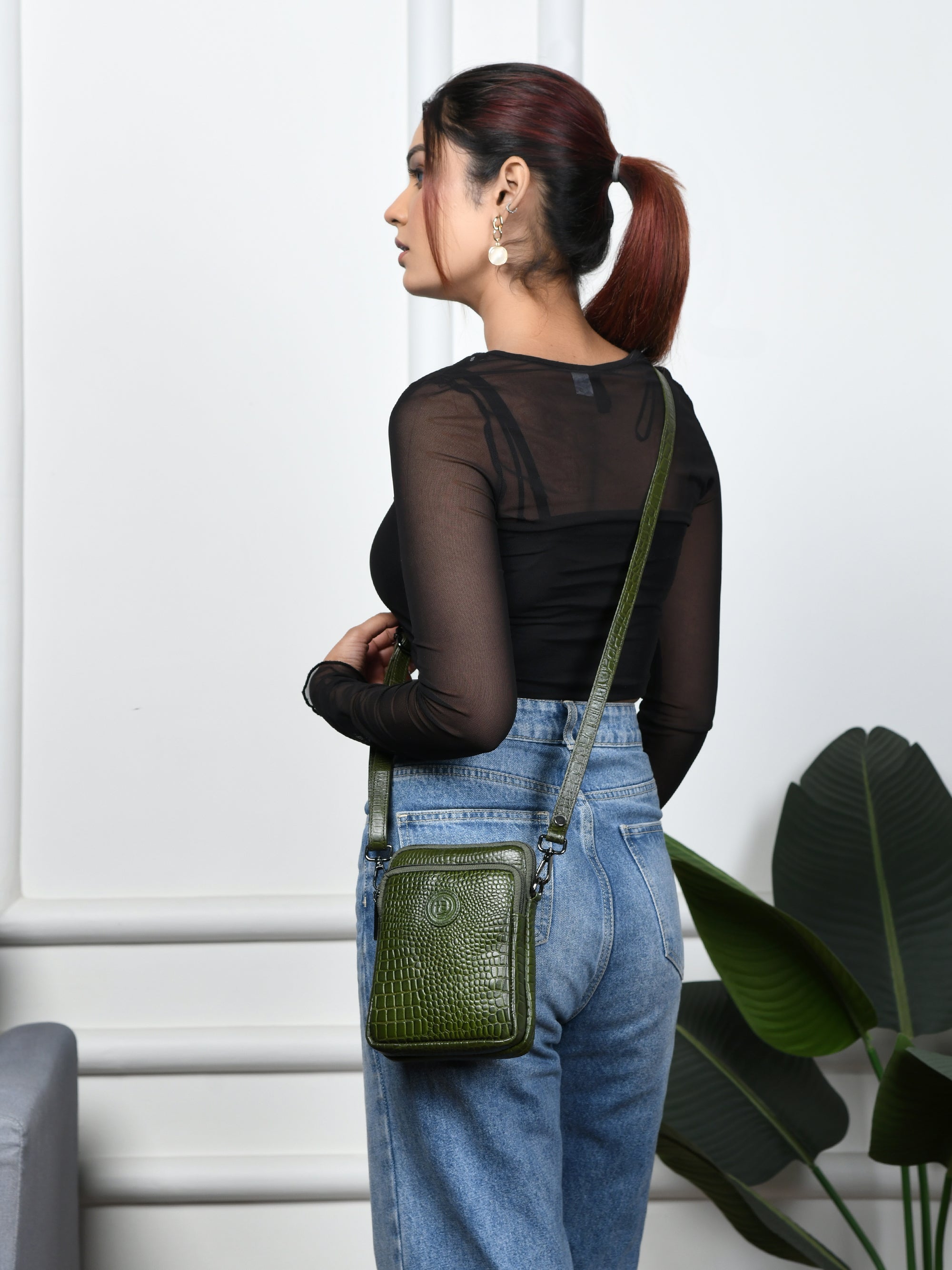 Croc Luxe Leather Sling Bag – Olive Colour